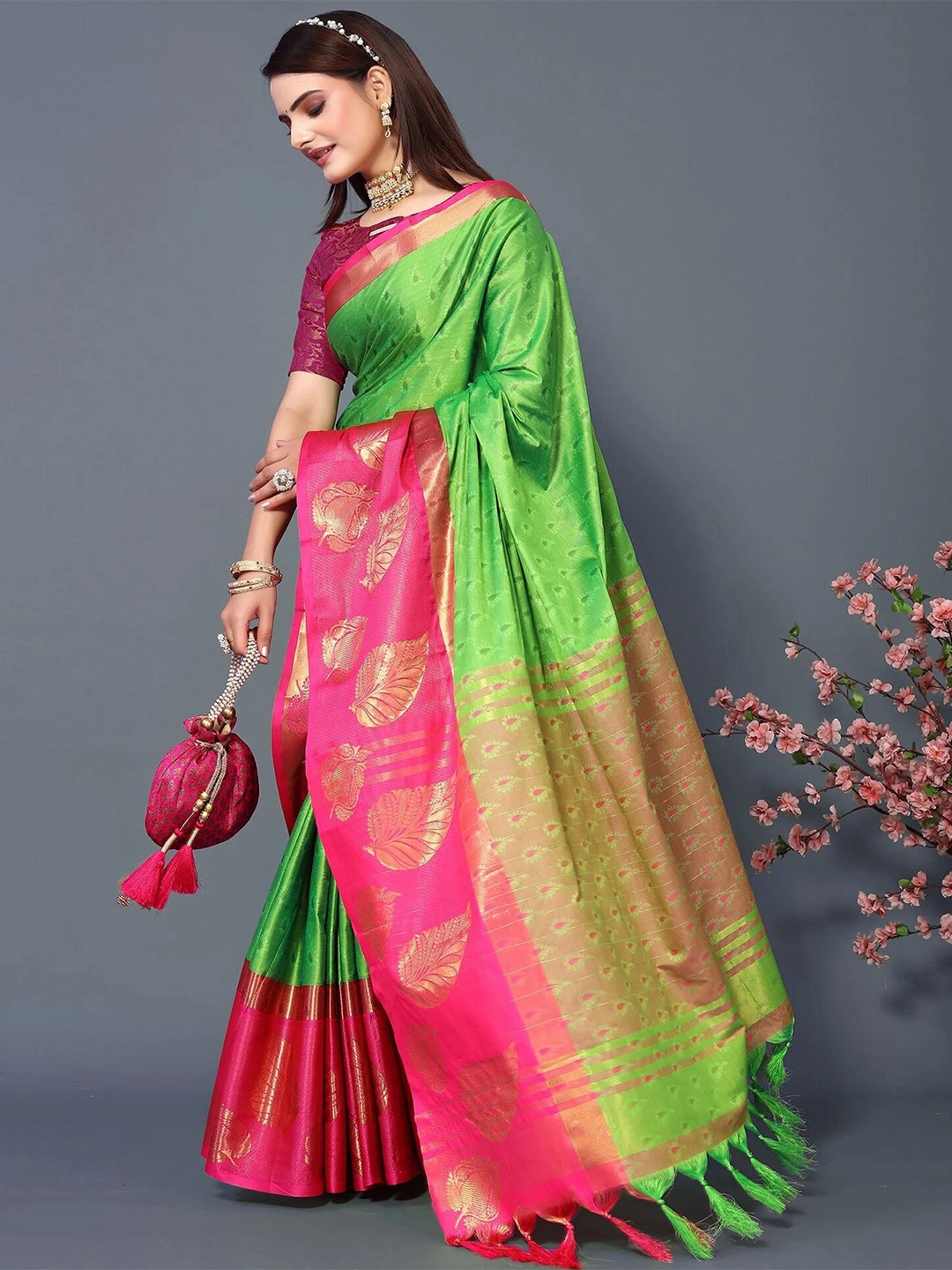 

KALINI Ethnic Motifs Woven Design Zari Silk Cotton Saree, Fluorescent green