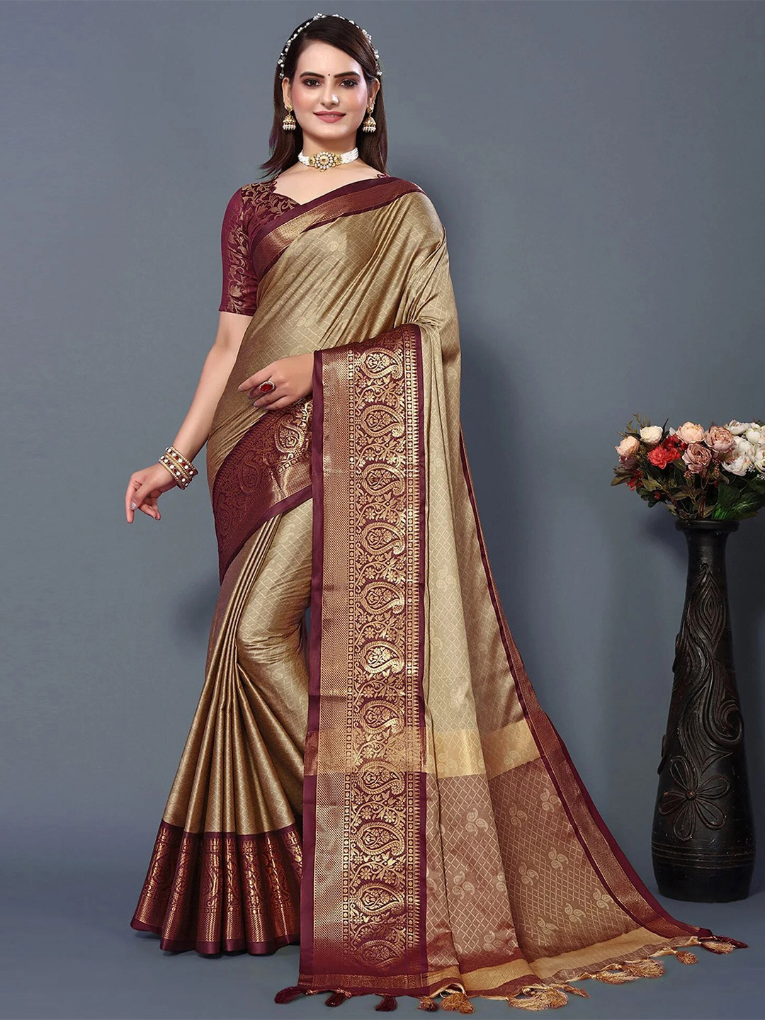 

KALINI Ethnic Motif Woven Design Zari Silk Cotton Mysore Silk Saree, Beige