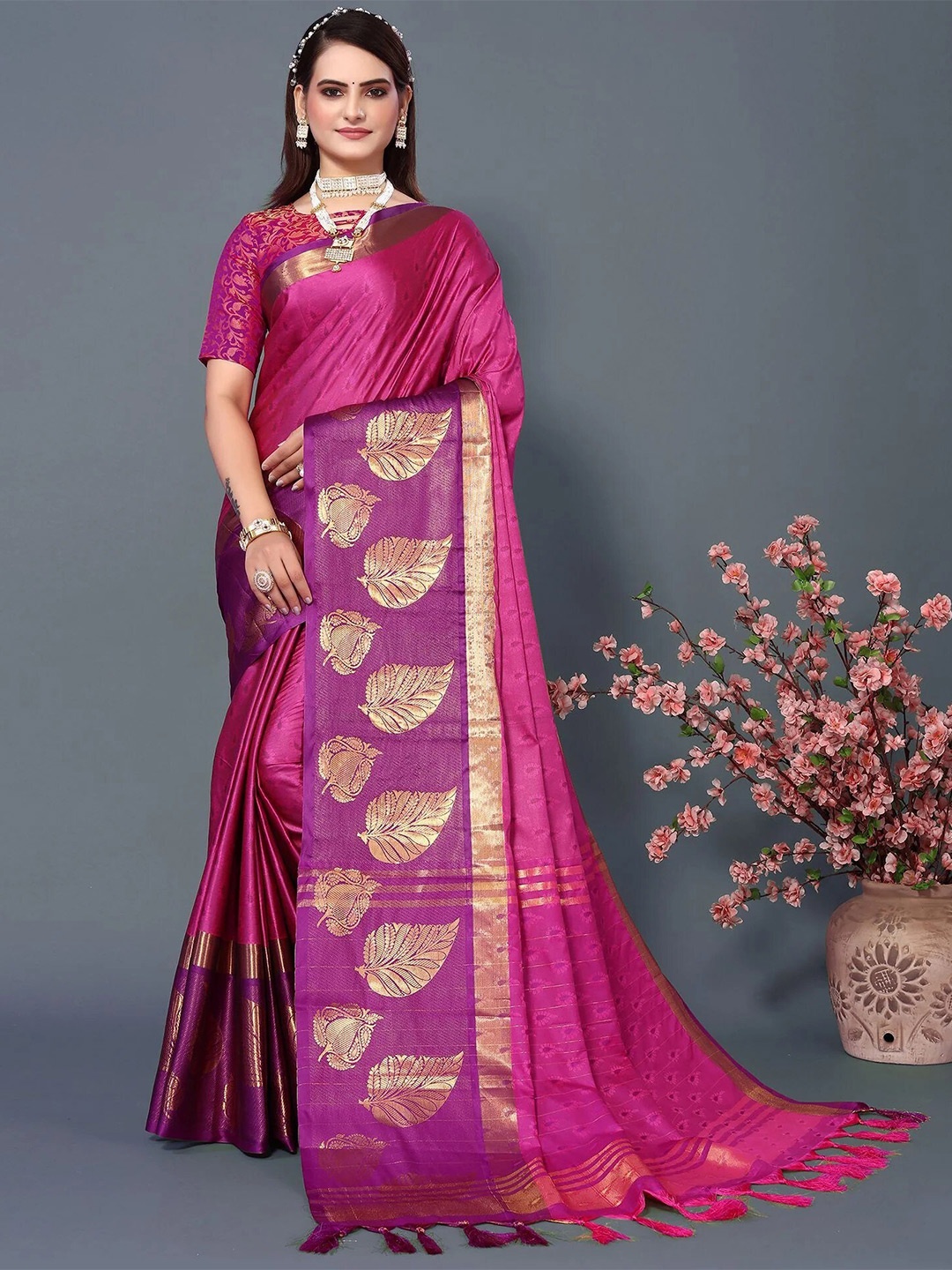 

KALINI Ethnic Motifs Woven Design Zari Detailed Silk Cotton Saree, Pink
