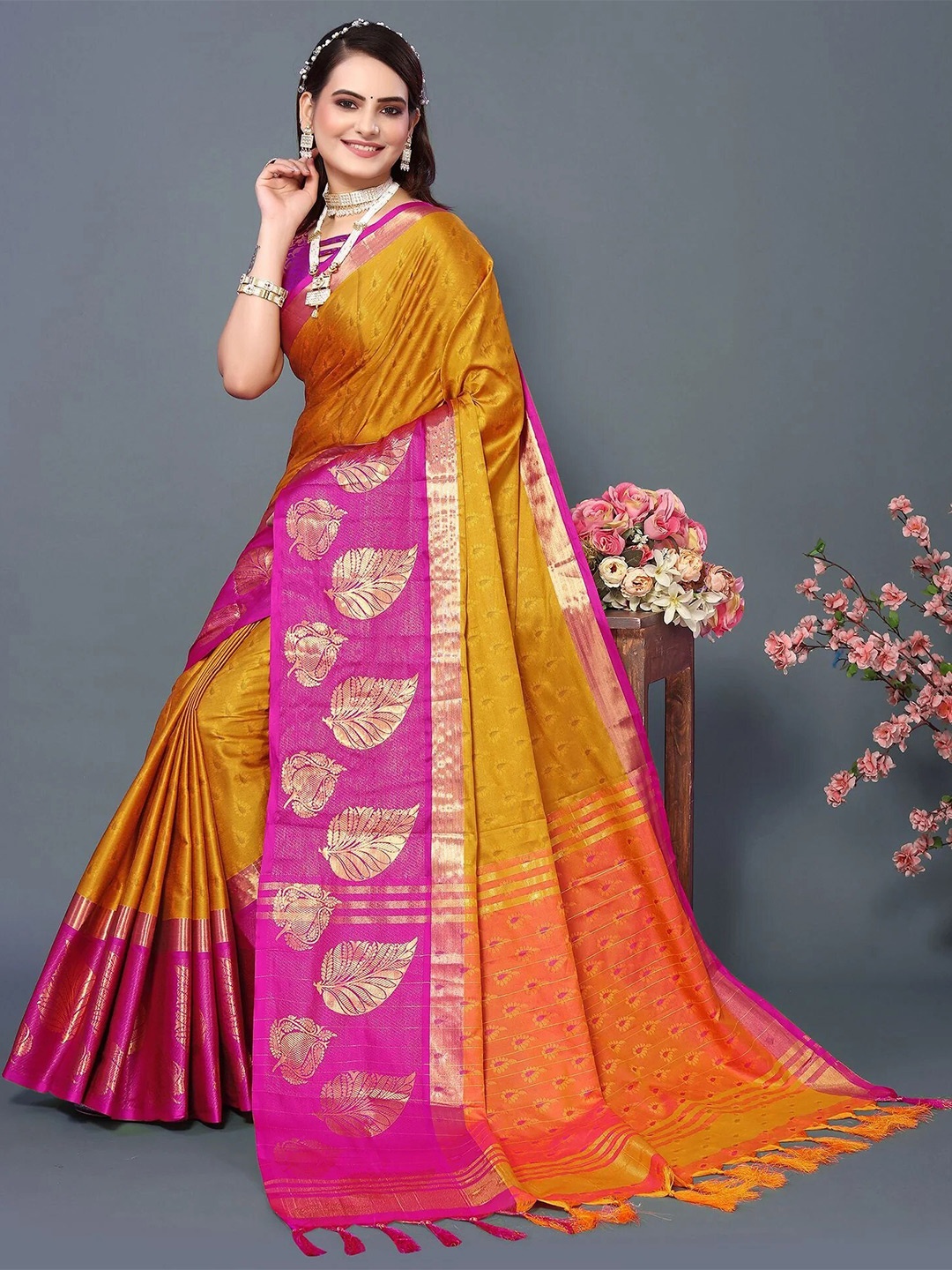 

KALINI Woven Design Zari Mysore Silk Saree, Gold