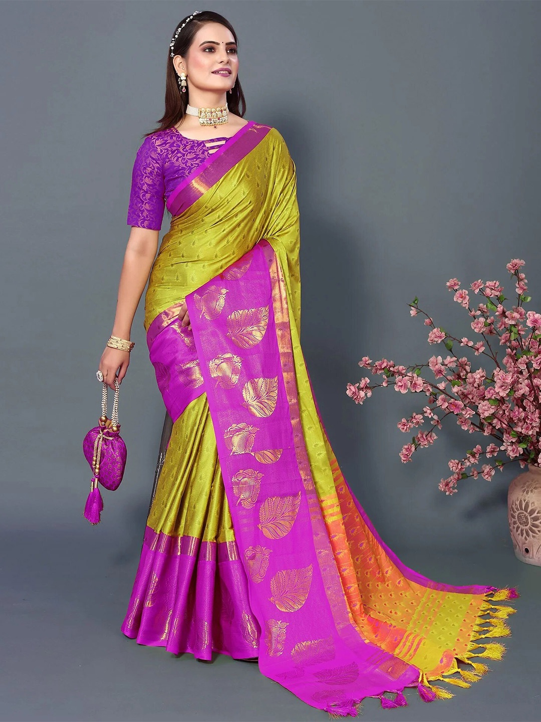 

KALINI Ethnic Motifs Woven Design Zari Silk Cotton Mysore Silk Saree, Lime green