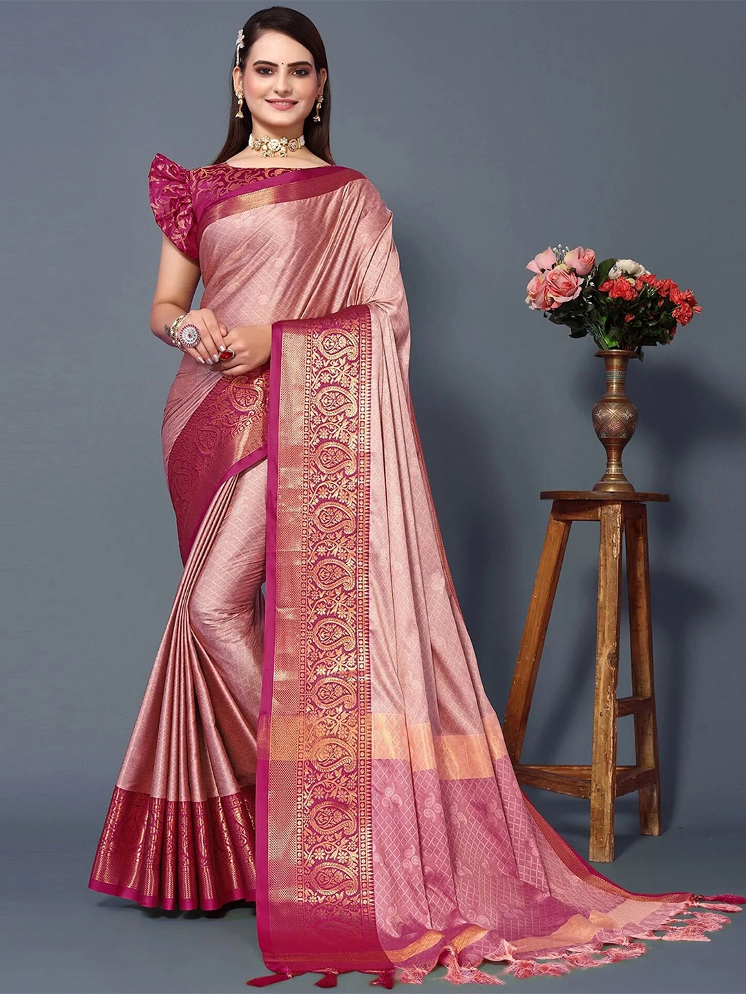 

KALINI Ethnic Motifs Woven Design Zari Mysore Silk Saree, Peach