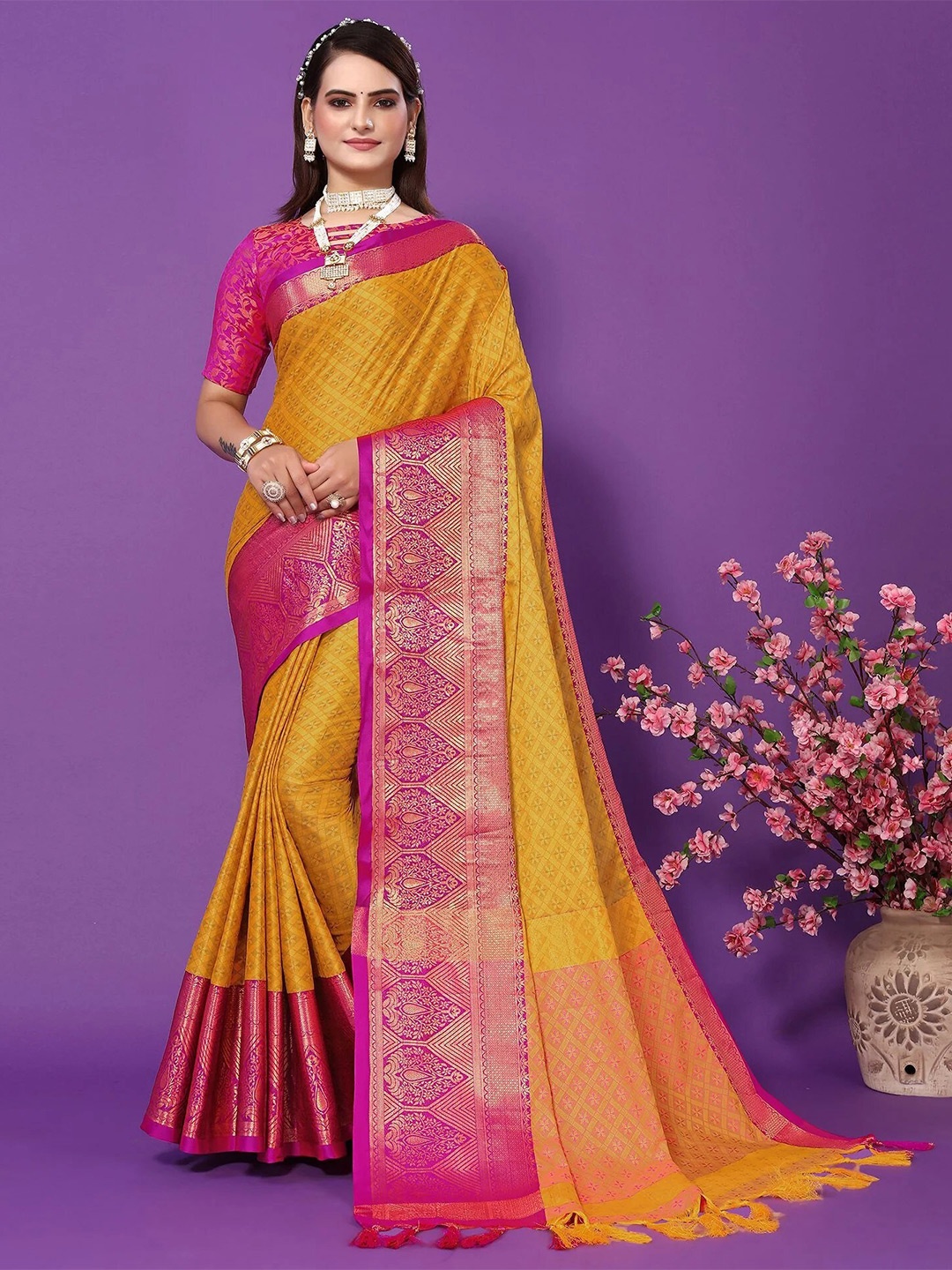 

KALINI Ethnic Motifs Woven Design Zari Mysore Silk Saree, Gold