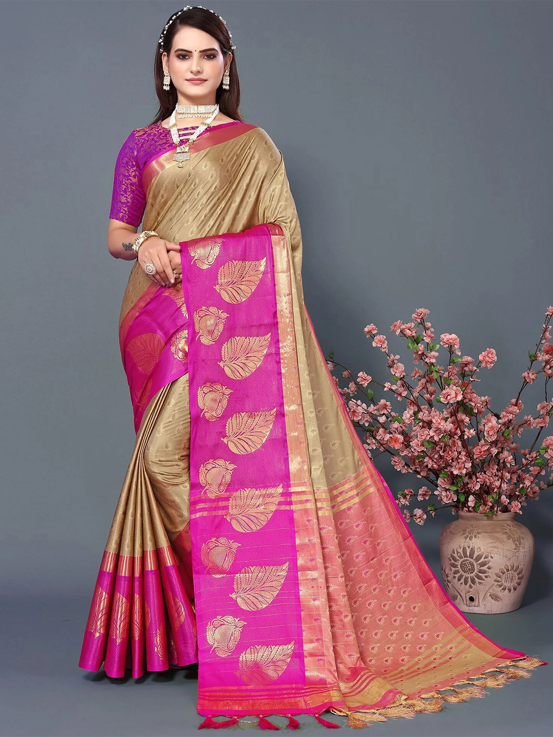 

KALINI Ethnic Motifs Woven Design Zari Mysore Silk Saree, Beige