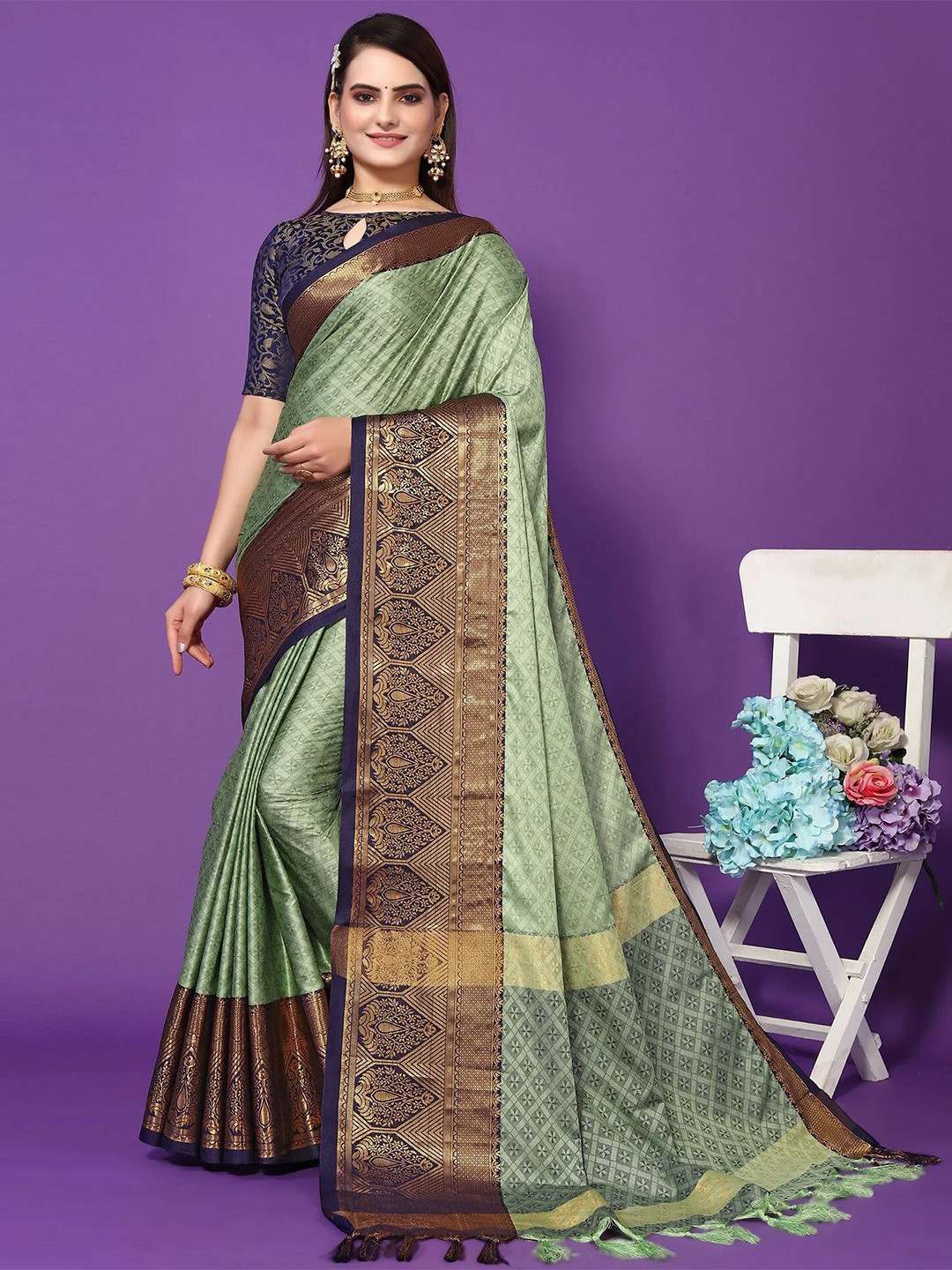 

KALINI Ethnic Motif Woven Design Zari Silk Cotton Mysore Silk Saree, Sea green