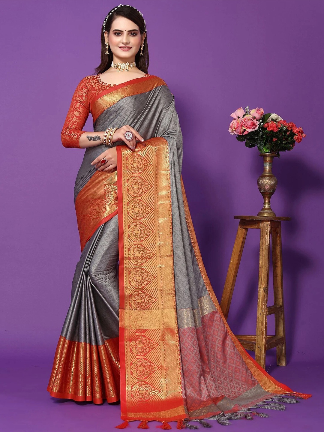 

KALINI Woven Design Zari Detailed Silk Cotton Saree, Grey