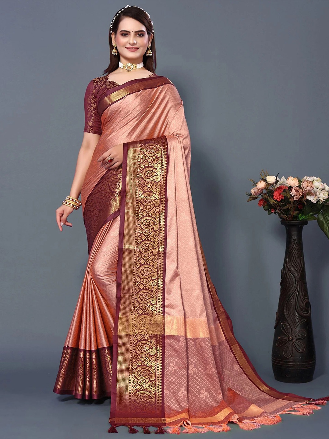 

KALINI Ethnic Motifs Woven Design Zari Silk Cotton Saree, Peach