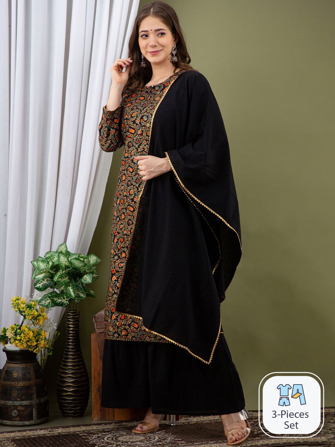 

Mialo fashion Ethnic Motifs Printed Gotta Patti Kurta With Sharara & Dupatta, Black