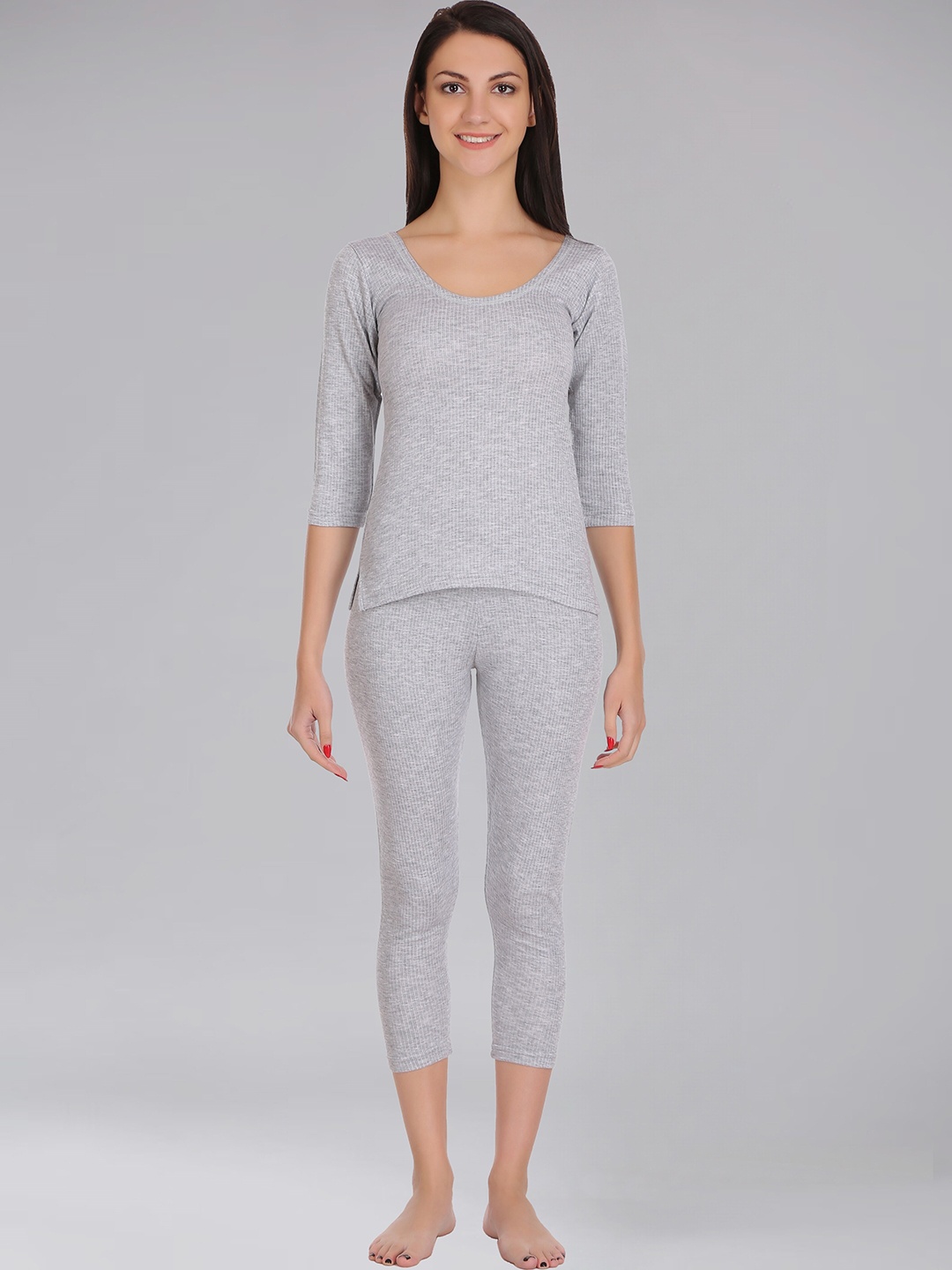

SELFCARE Soft Poly Cotton Striped Three-Fourth Thermal Set, Grey