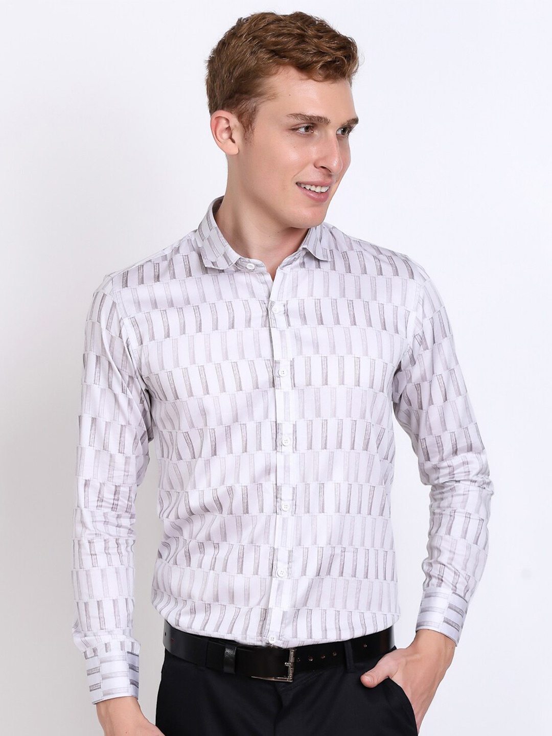 

DEZANO Classic Conversational Printed Slim Fit Satin Shirt, White