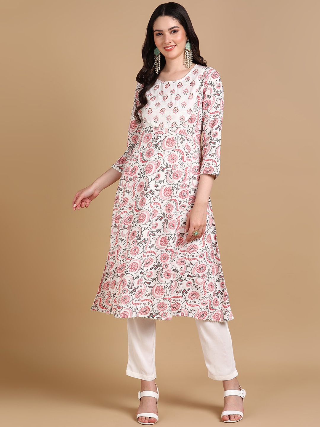 

HERE&NOW Floral Printed Gotta Patti Flared Anarkali Kurta, White