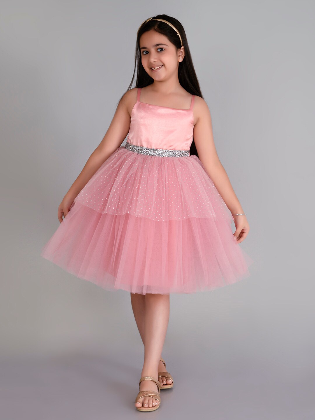 

Toy Balloon kids Girls Embellished Sleeveless Net Fit & Flare Knee Length Dress, Pink