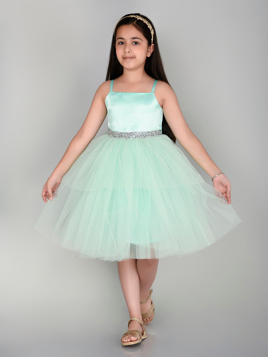 

Toy Balloon kids Girls Embellished Sleeveless Net Fit & Flare Knee Length Dress, Green