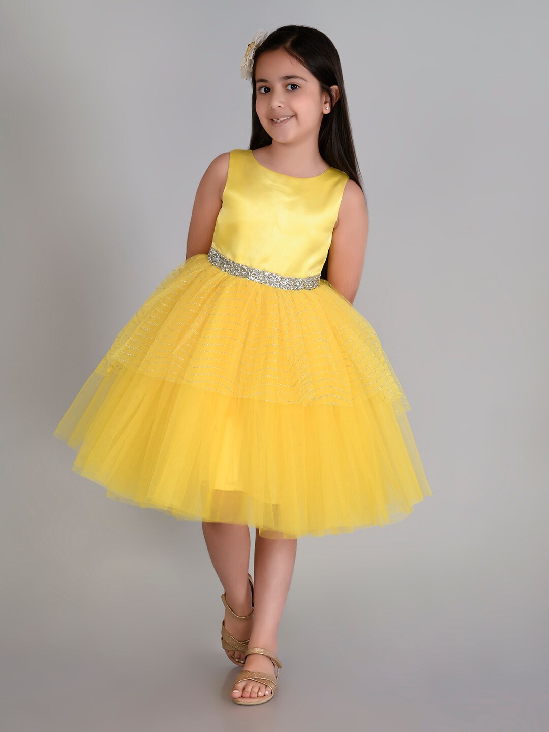 

Toy Balloon kids Girls Embellished Sleeveless Net Fit & Flare Knee Length Dress, Yellow