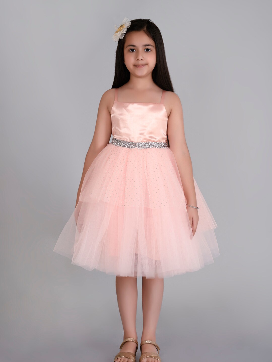 

Toy Balloon kids Girls Embellished Sleeveless Net Fit & Flare Knee Length Dress, Peach