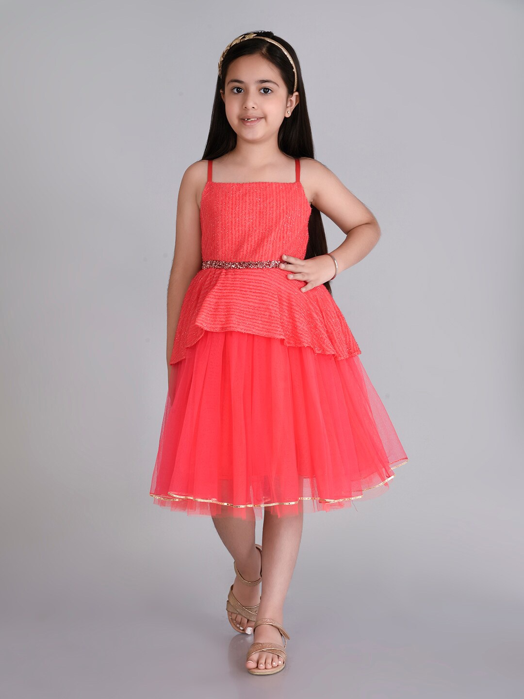 

Toy Balloon kids Girls Embellished Sleeveless Net Fit & Flare Knee Length Dress, Coral