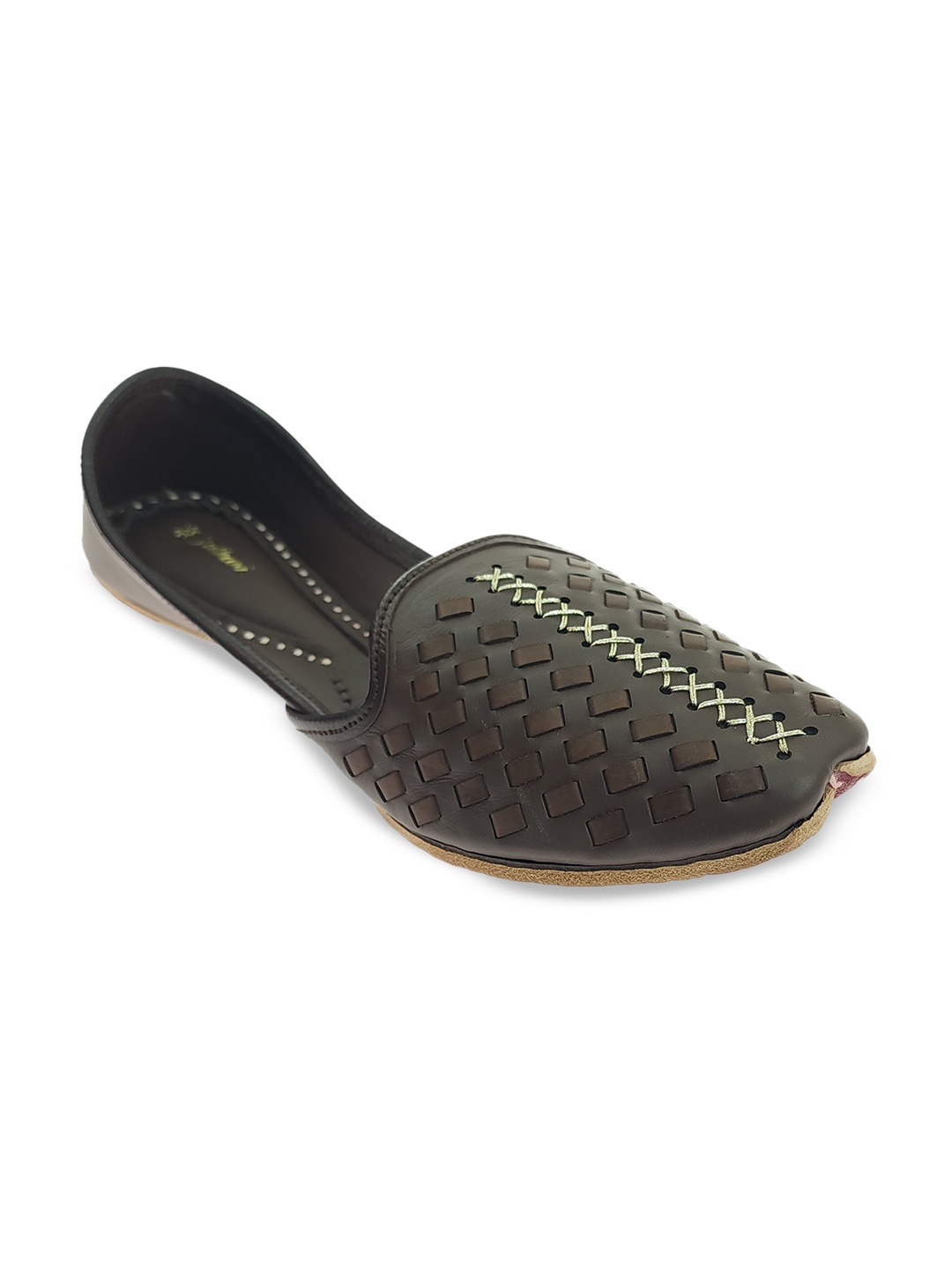 

Fulkari Men Ethnic Textured Square Toe Leather Mojaris, Coffee brown