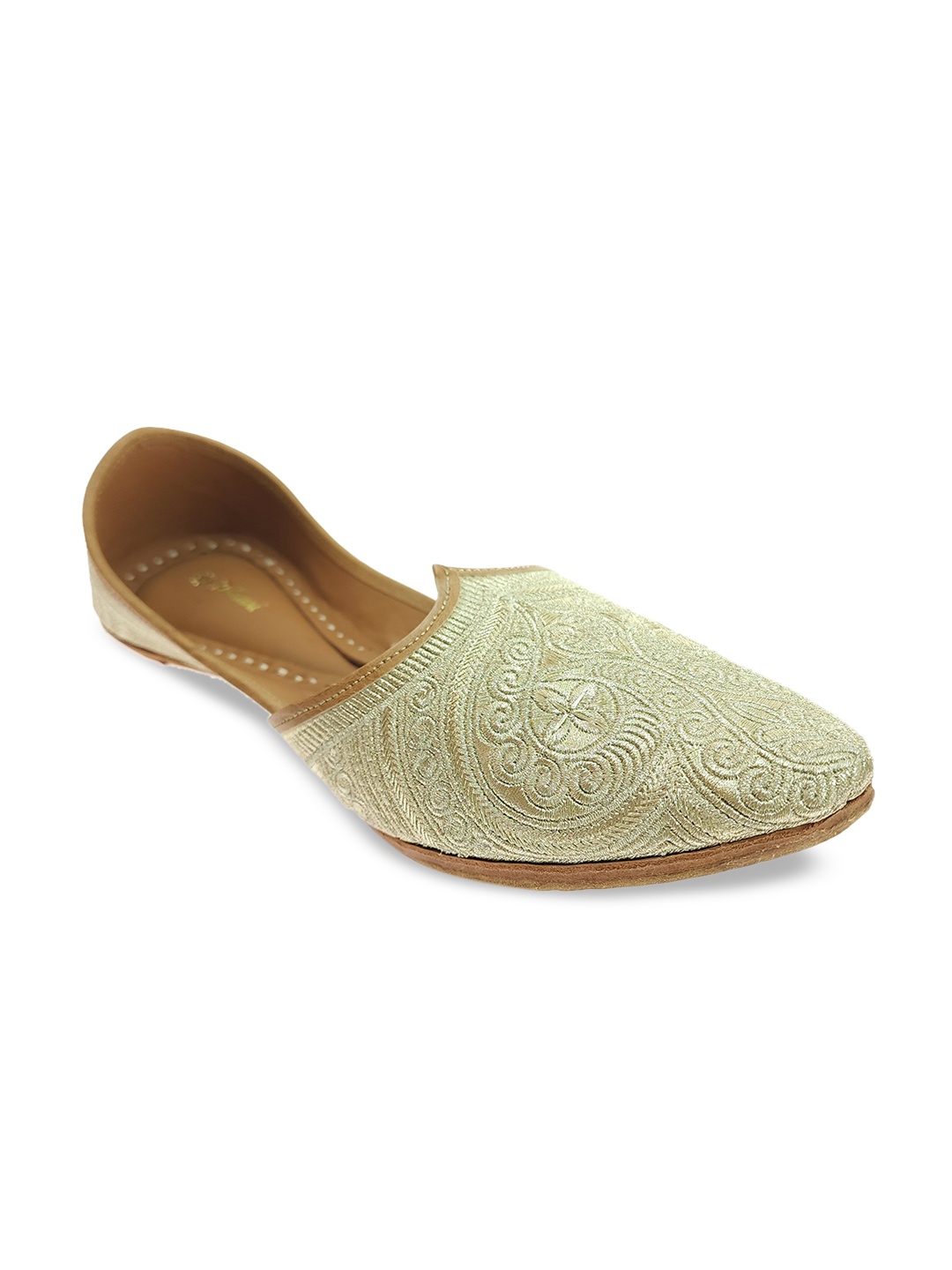 

Fulkari Men Ethnic Embellished Pointed Toe Leather Mojaris, Gold