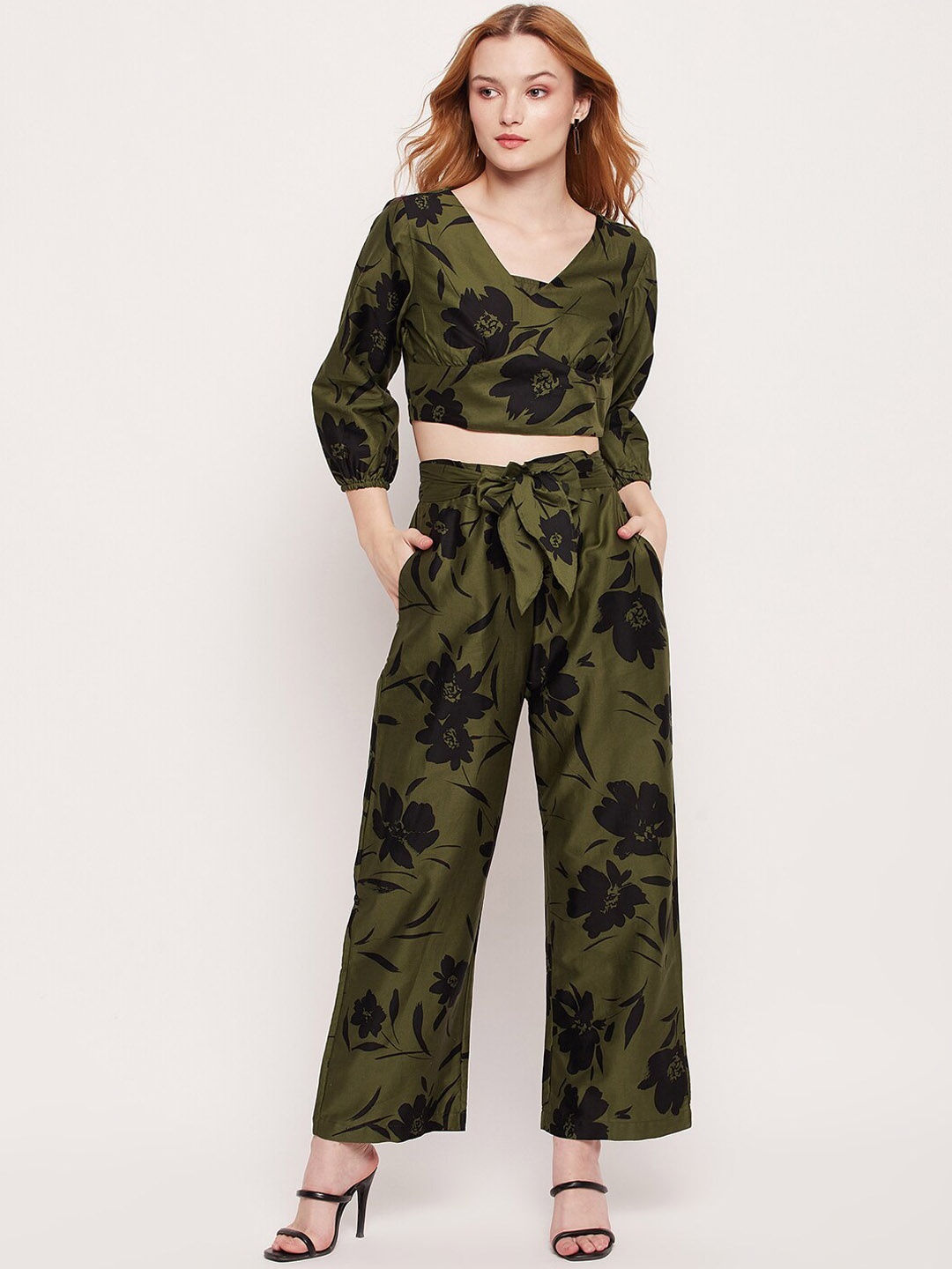 

DELAN Floral Printed Top & Palazzos, Olive