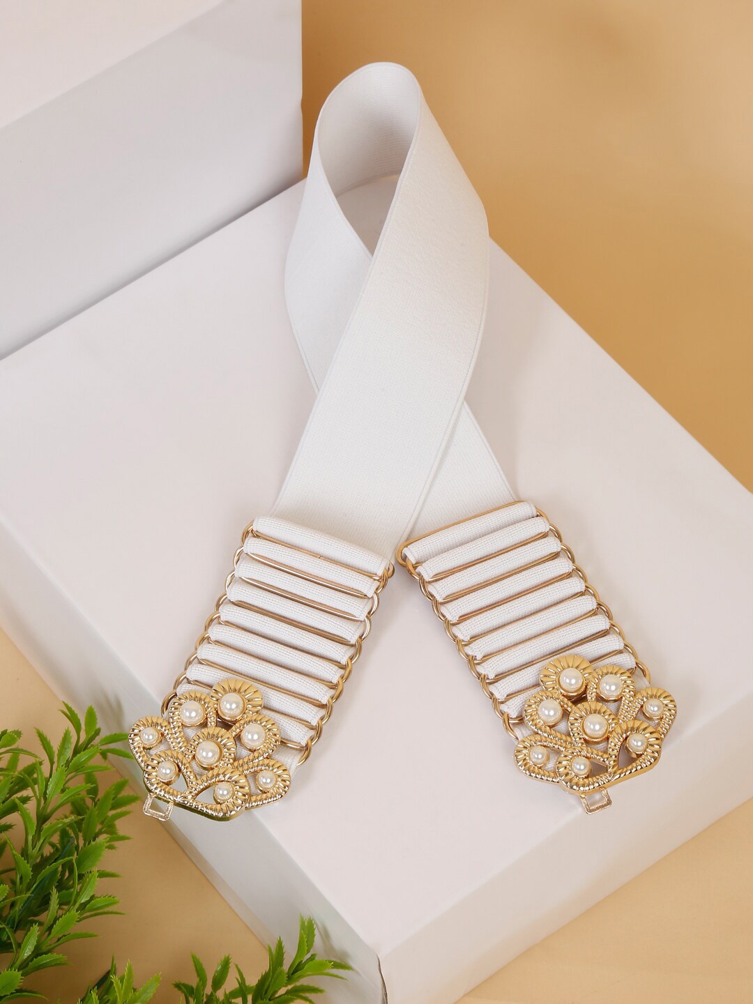 

Teakwood Leathers Women White Embellished Leather Stretchable Belt