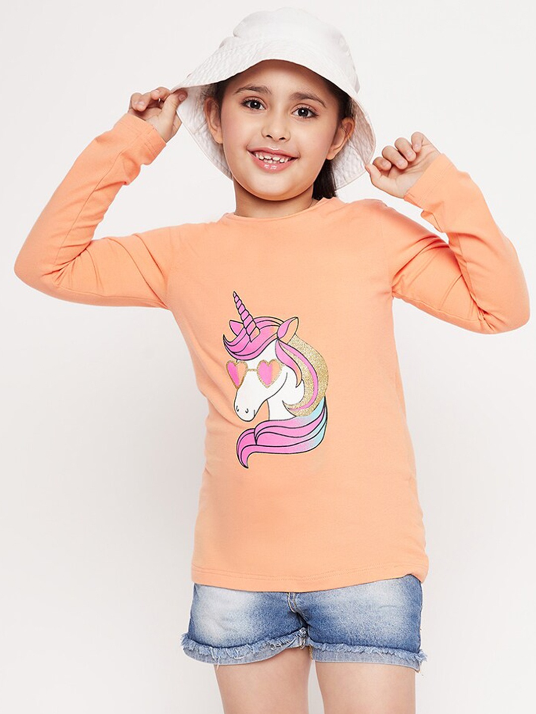 

pspeaches Girls Unicorn Graphic Printed Cotton T-Shirt, Peach