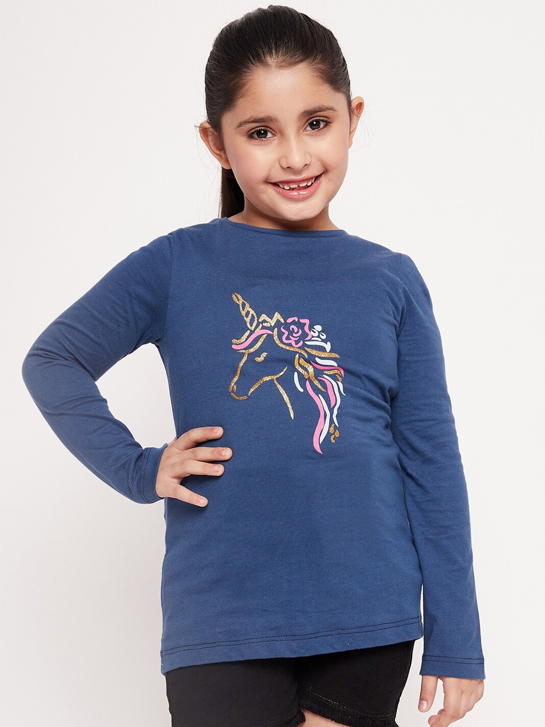 

pspeaches Girls Graphic Printed Cotton T-shirt, Navy blue