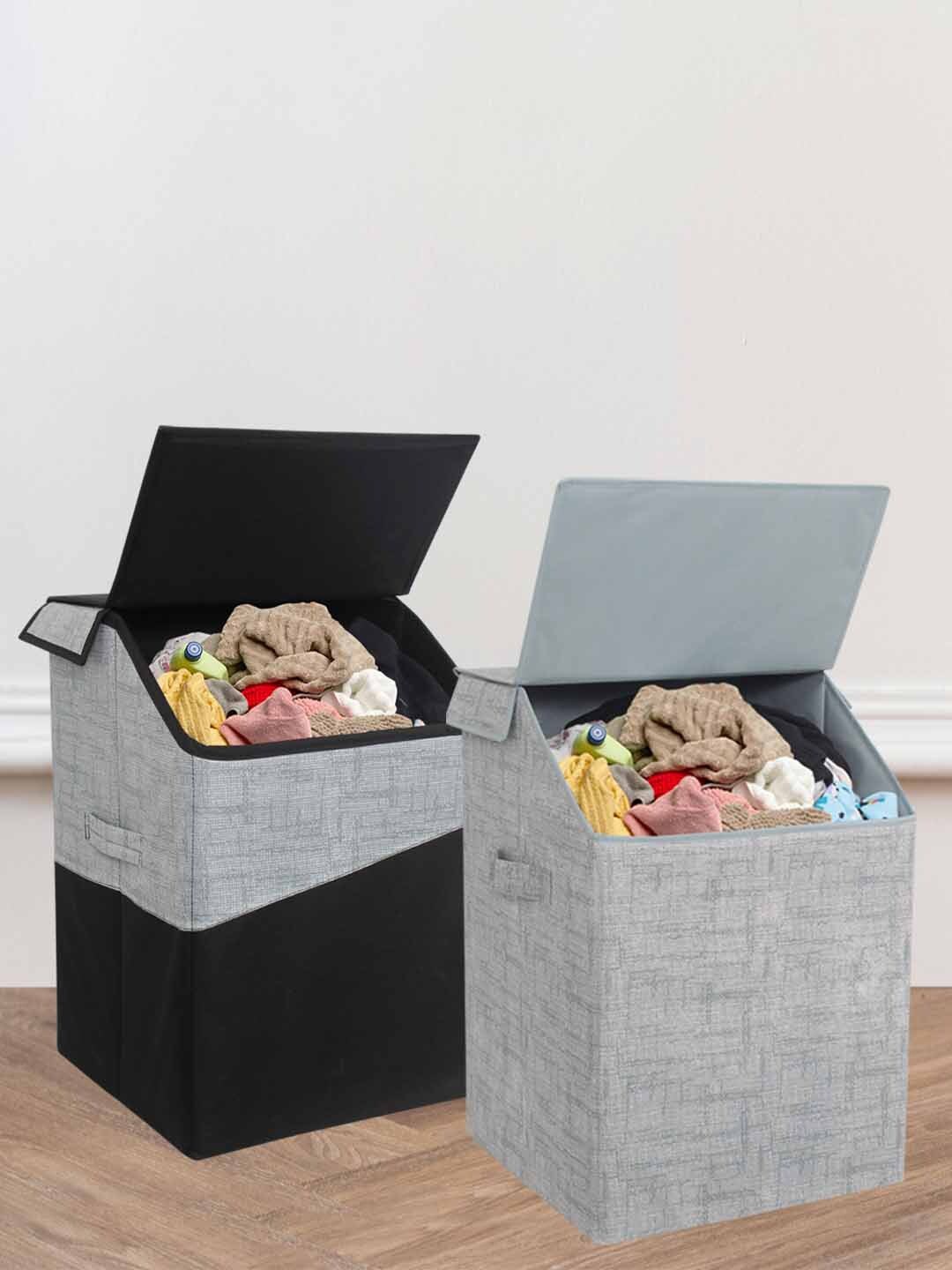 

prettykrafts 2 Pcs Colourblocked Foldable Laundry Baskets With Lid, Black