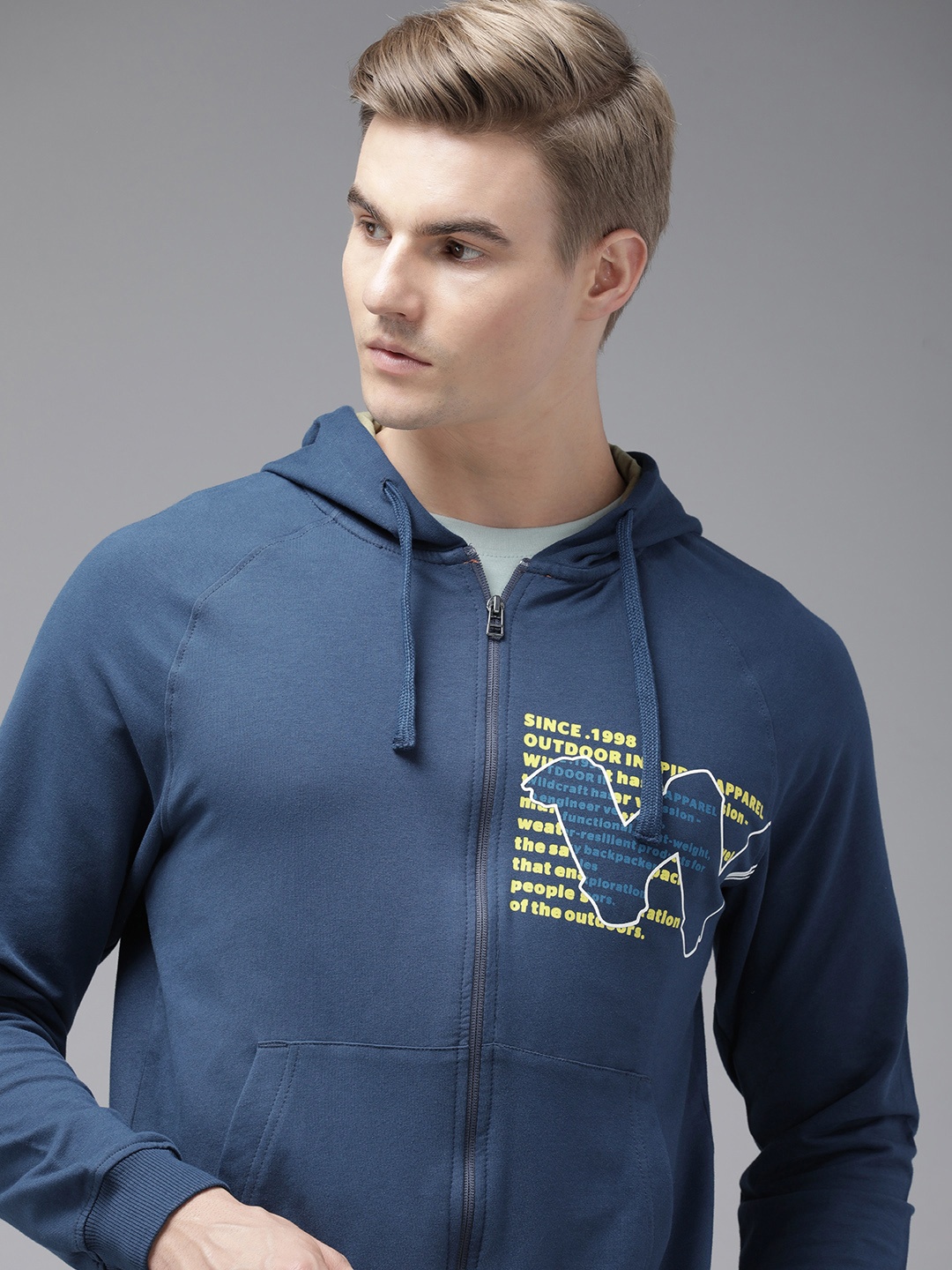 

Wildcraft Pure Cotton Typography Printed Front Open Hooded Sweatshirt, Navy blue