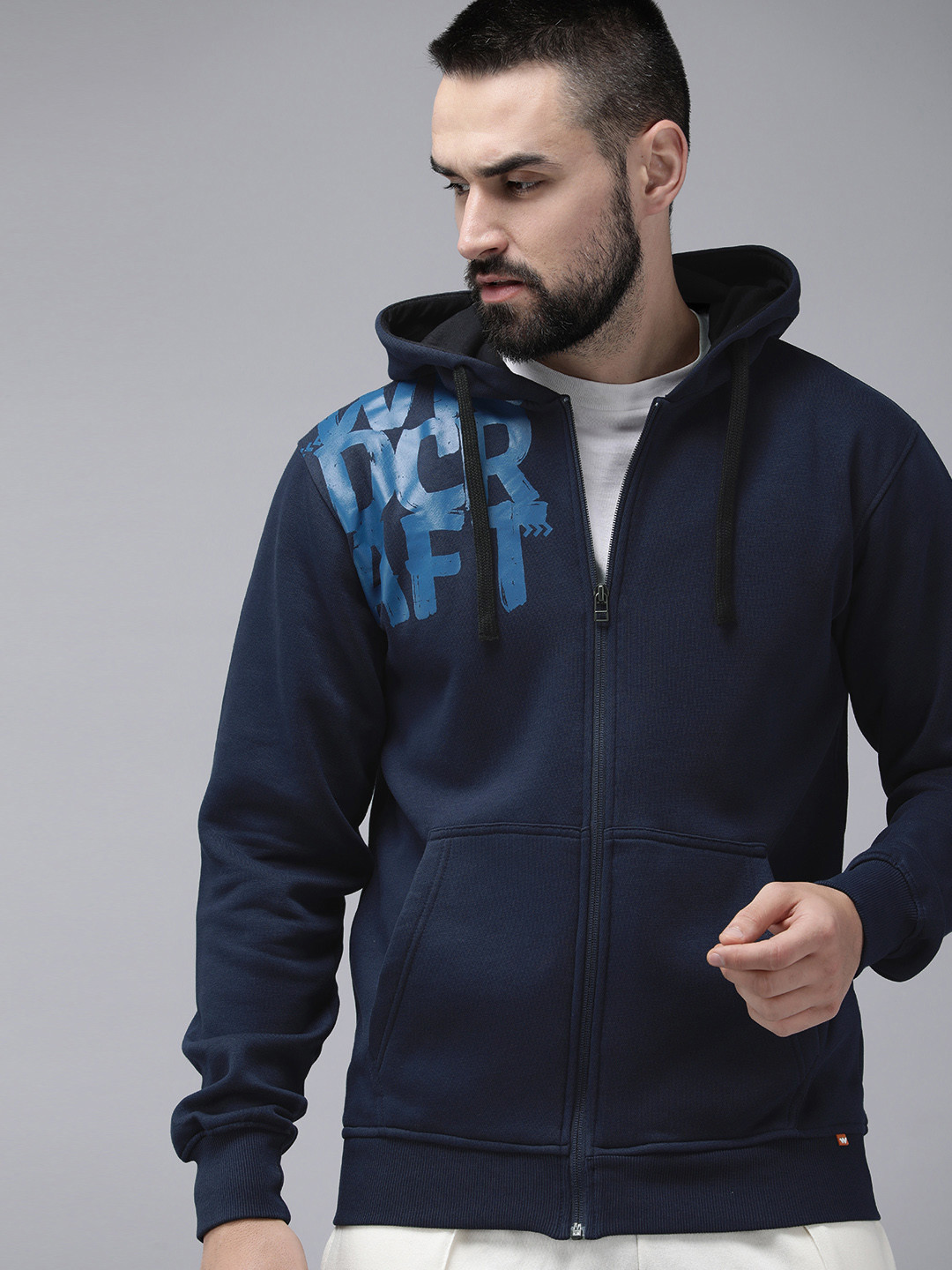 

Wildcraft Typography Printed Front-Open Hooded Sweatshirt, Navy blue