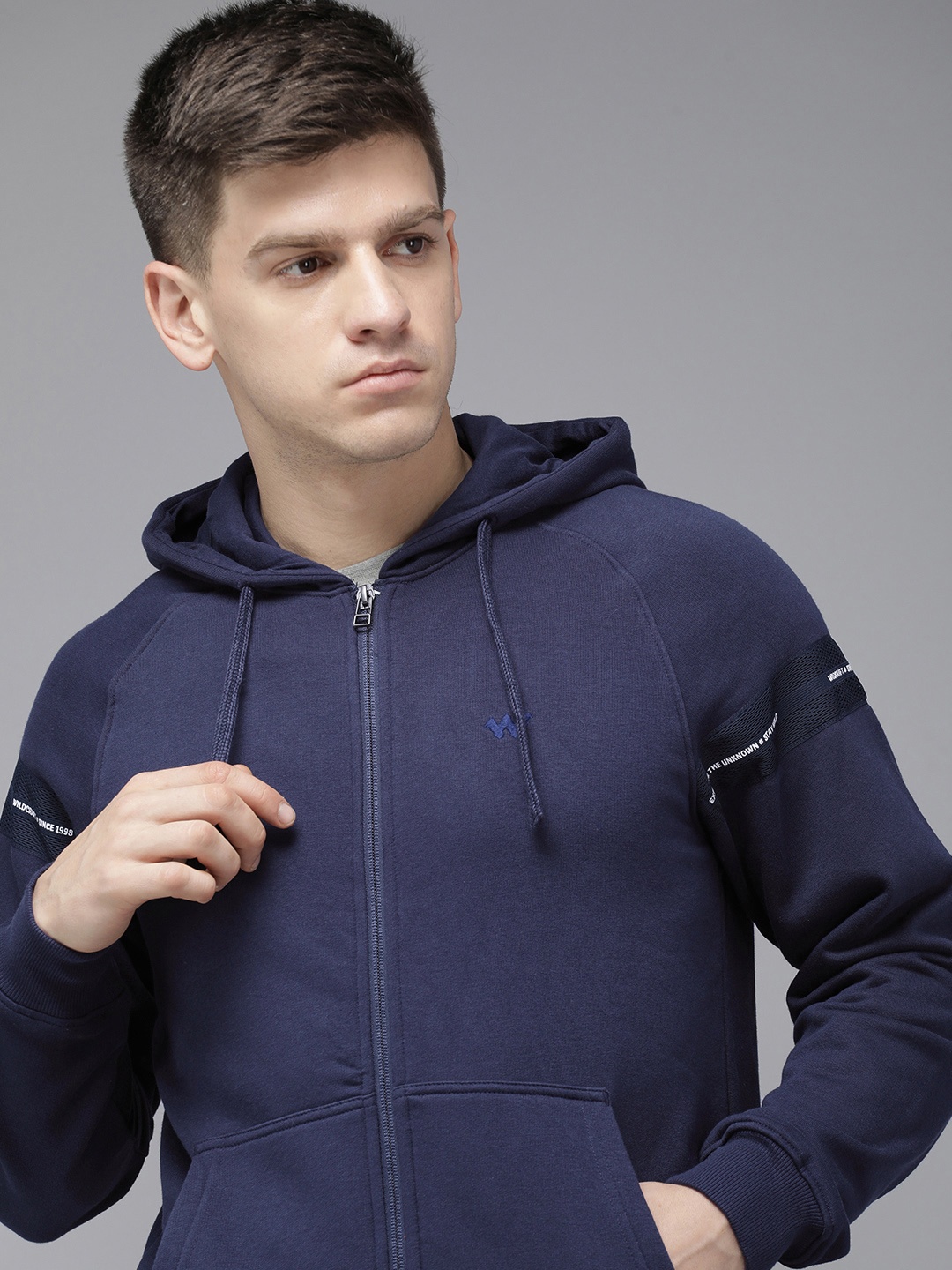 

Wildcraft Solid Front Open Hooded Sweatshirt, Navy blue