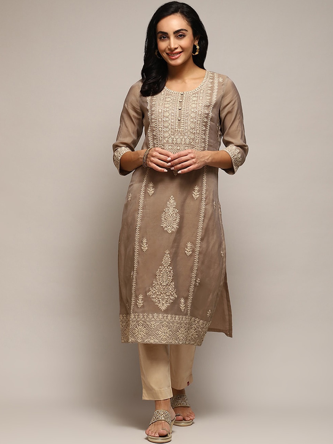 

Biba Floral Embroidered Thread Work Kurta, Grey