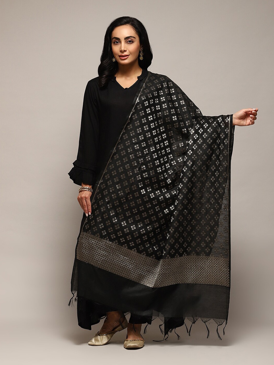 

Biba Ethnic Motifs Woven Design Zari Detailed Dupatta, Black