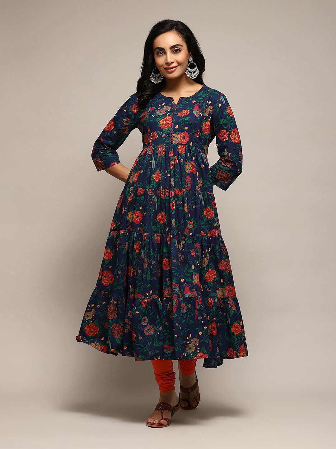 

Biba Floral Printed Pleated Tiered Fit & Flare Midi Dress, Teal