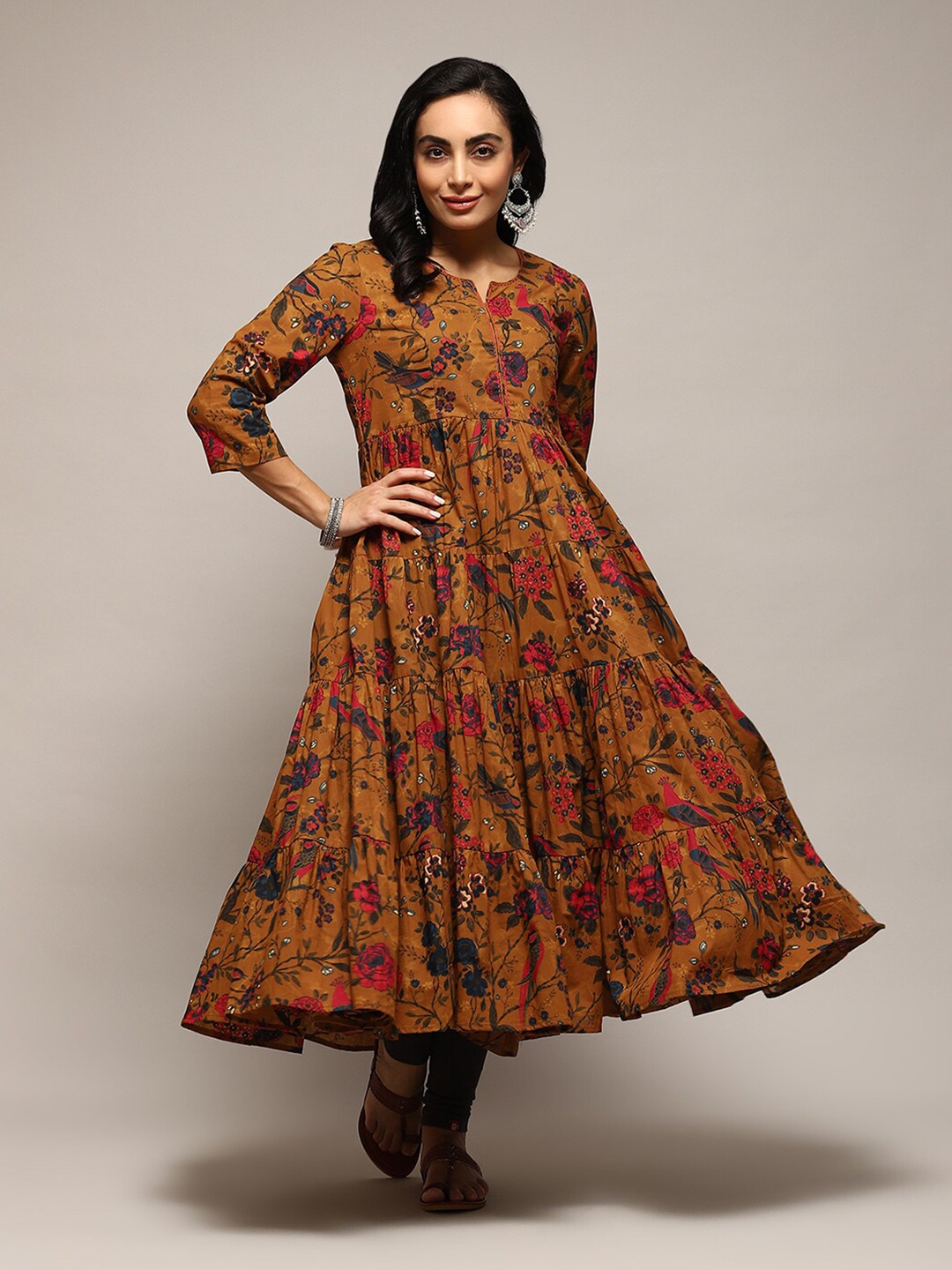 Biba Floral Printed Tiered Anarkali Kurta, Mustard