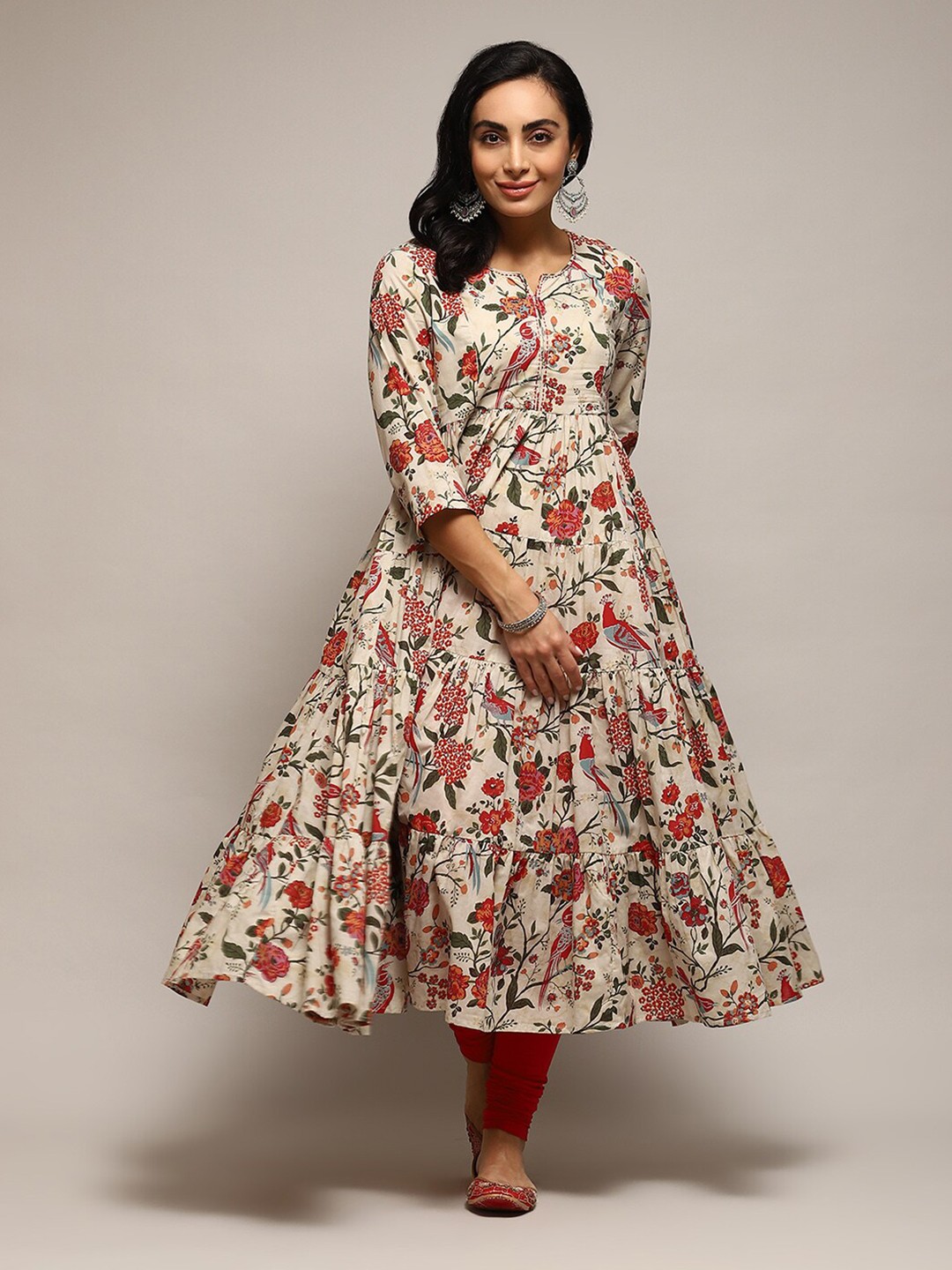 

Biba Floral Printed Pleated Tiered Fit & Flare Midi Dress, Off white