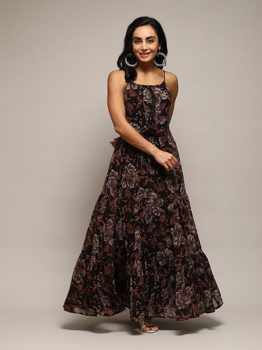 

Biba Floral Printed Shoulder Straps Maxi Dress, Black