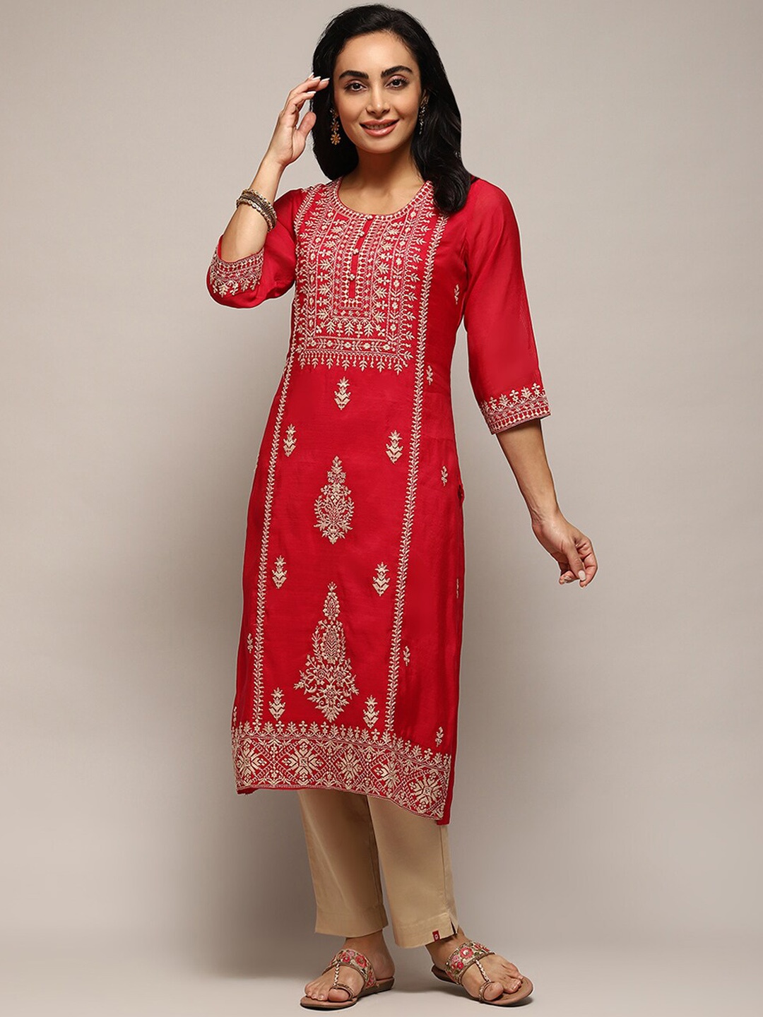 

Biba Floral Embroidered Thread Work Kurta, Pink