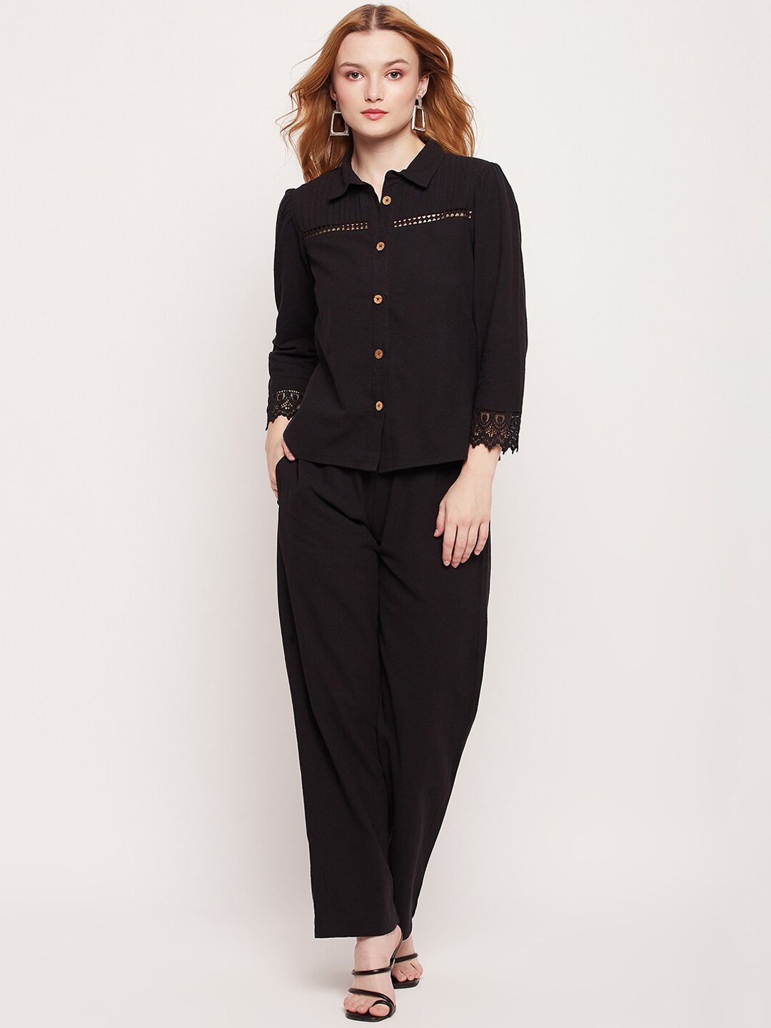 

DELAN Shirt Collar Pure Cotton Shirt With Trousers, Black