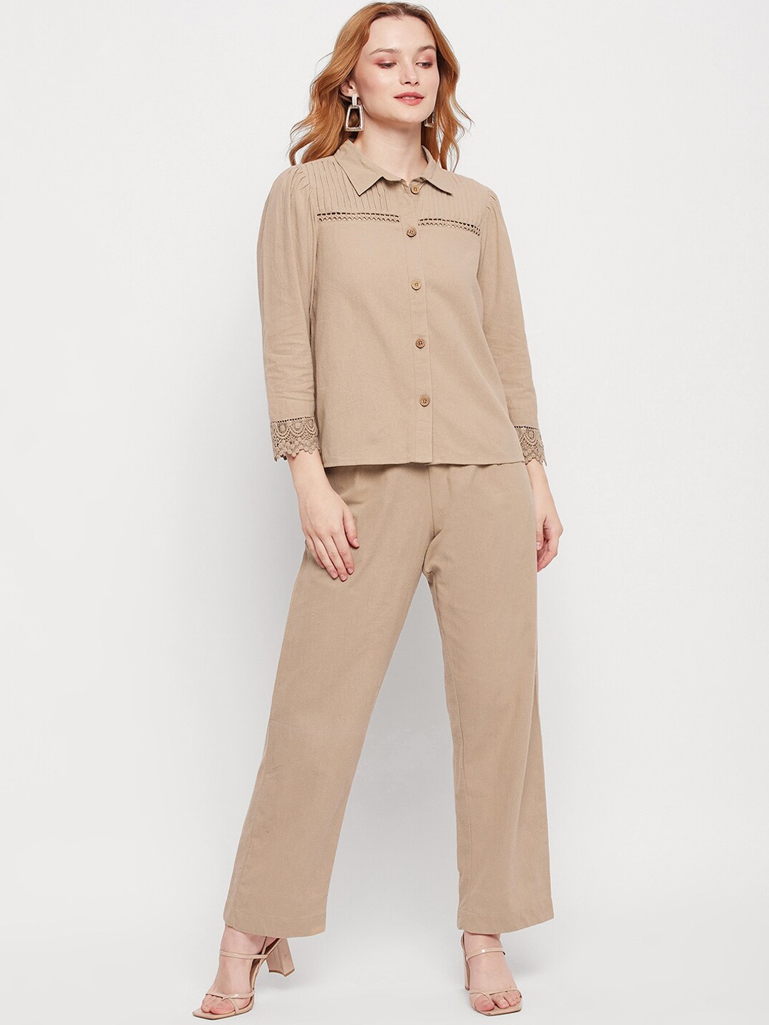 

DELAN Pure Cotton Shirt With Trousers, Beige