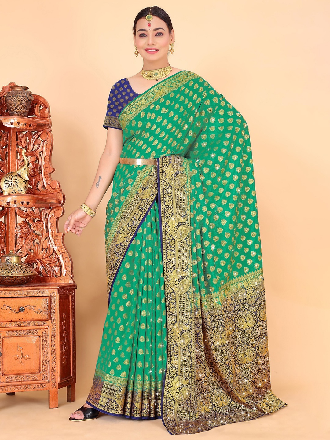 

Mitera Woven Design Zari Banarasi Saree, Green