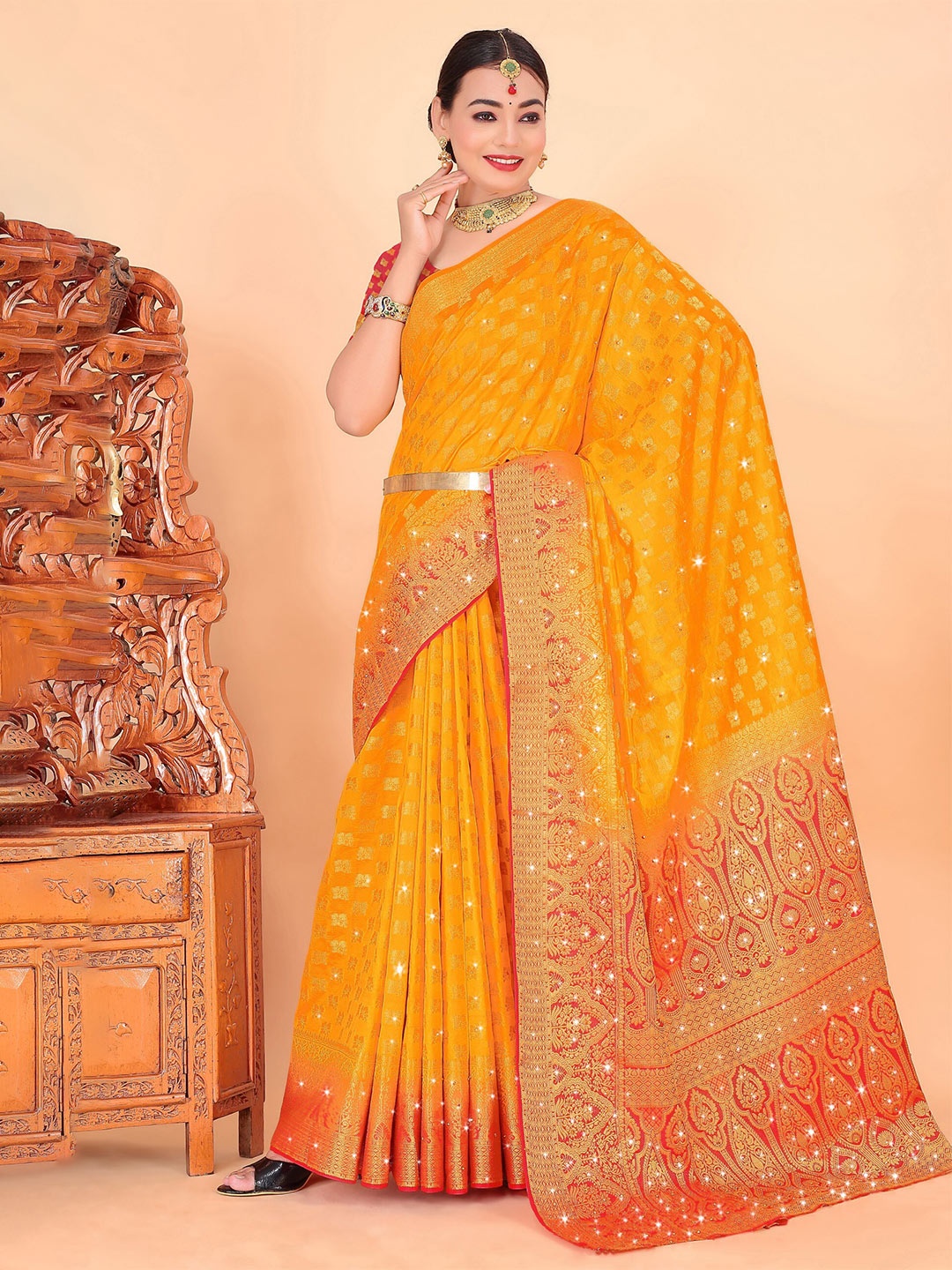 

Mitera Mustard & Red Ethnic Motif Woven Design Zari Banarasi Saree