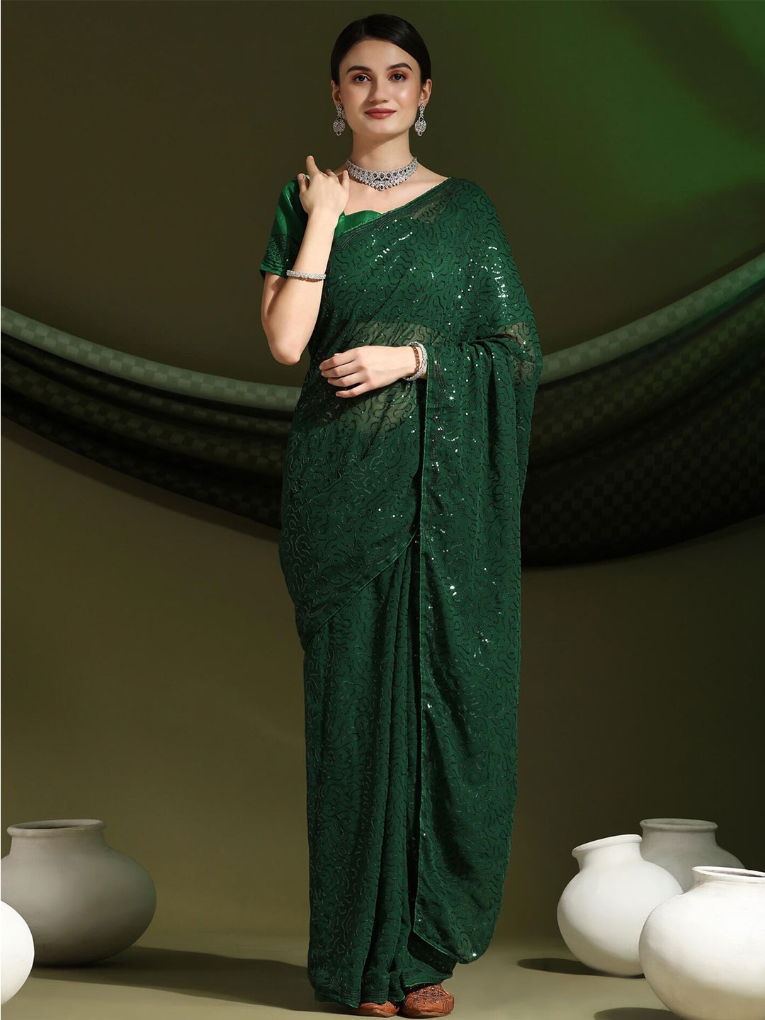 

Mitera Green Embellished Sequinned Saree