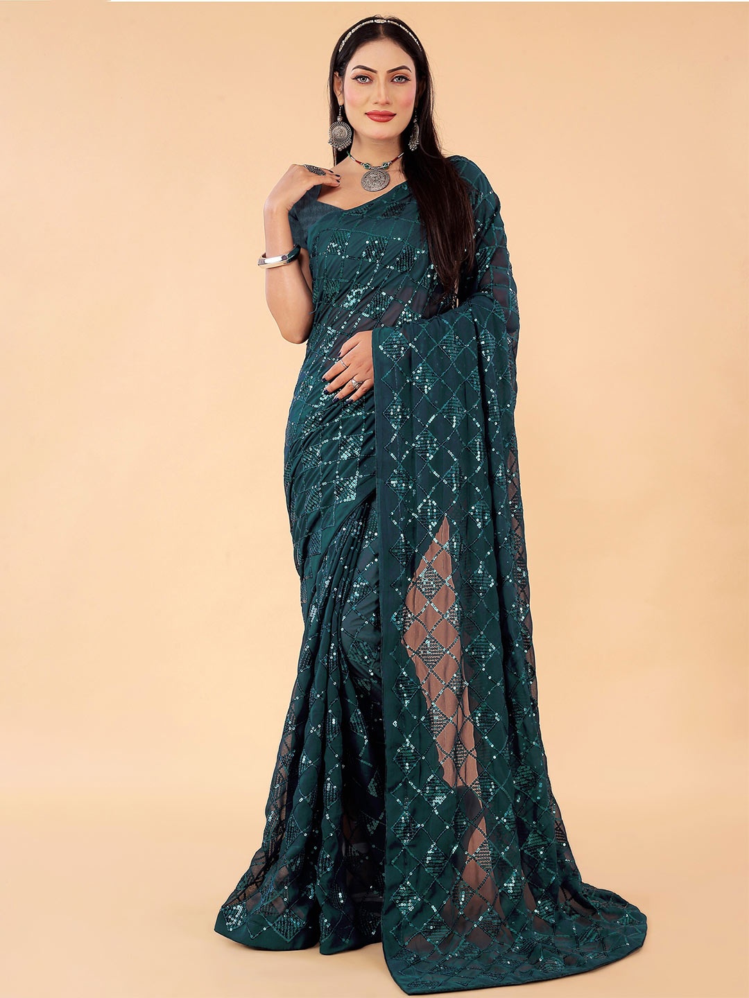 

Mitera Embellished Sequinned Poly Georgette Saree, Teal