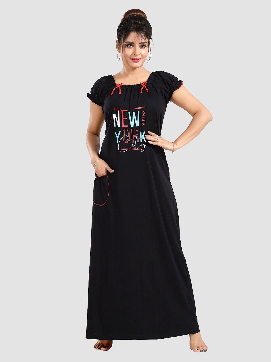 

FOMTI Typography Printed Puff Sleeves Pure Cotton Maxi Nightdress, Black