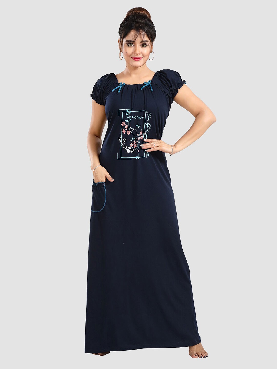 

FOMTI Typography Printed Puff Sleeves Pure Cotton Maxi Nightdress, Navy blue