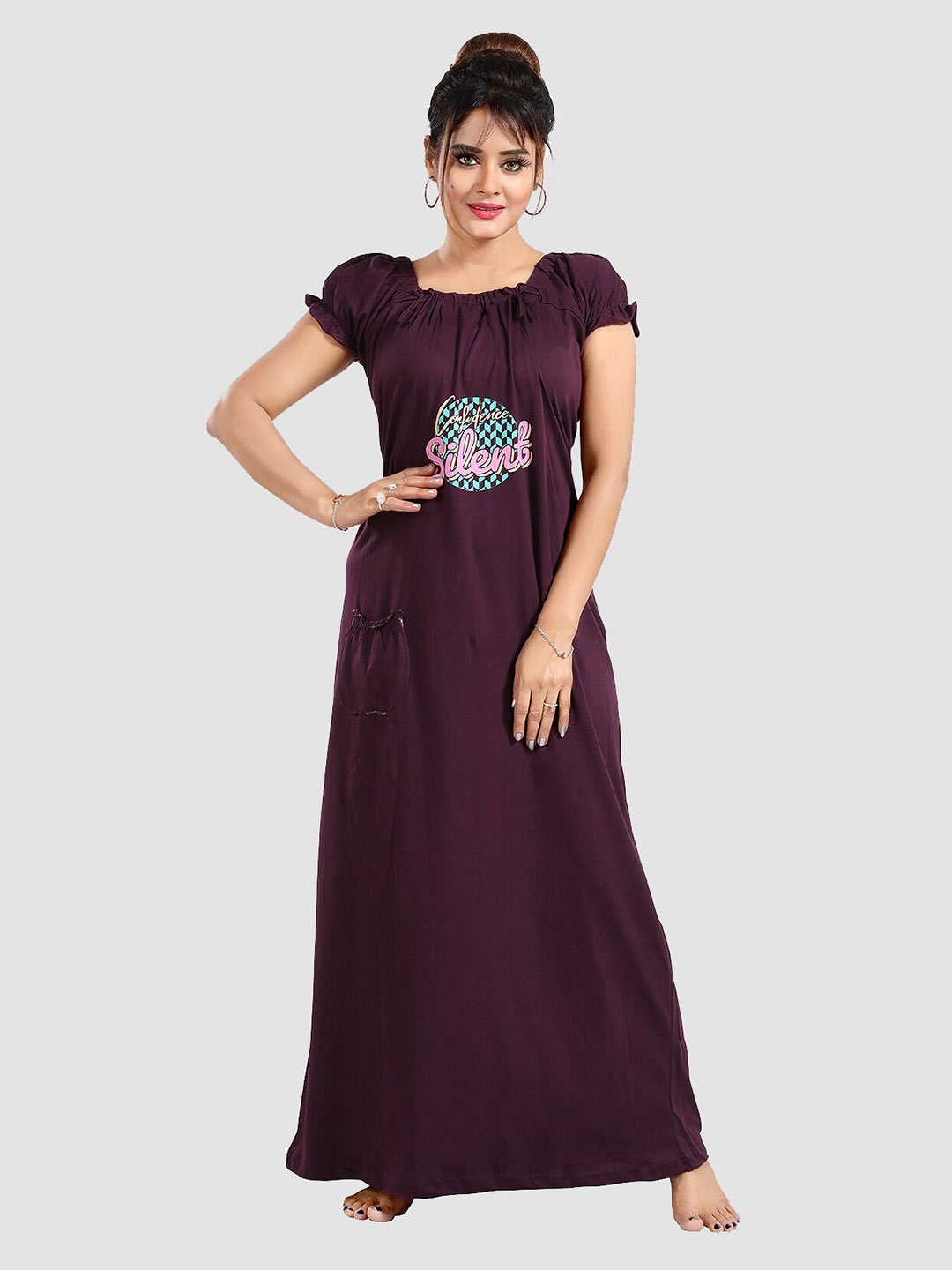 

FOMTI Typography Printed Puff Sleeves Pure Cotton Maxi Nightdress, Purple