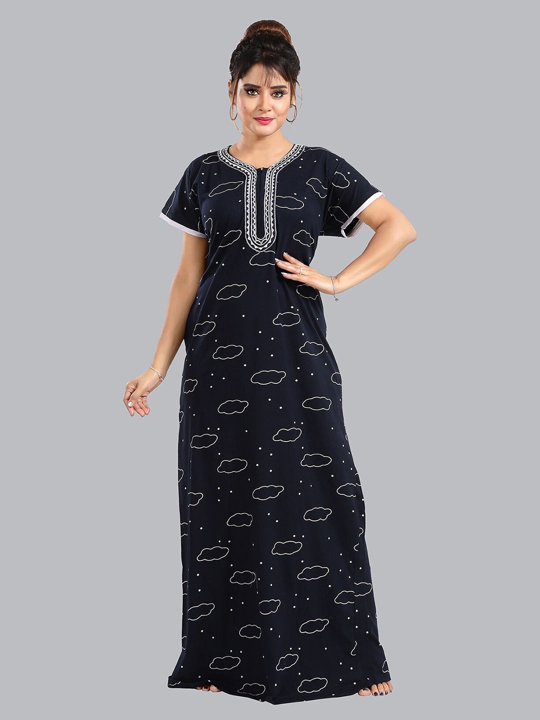 

FOMTI Graphic Printed Pure Cotton Maxi Nightdress, Navy blue