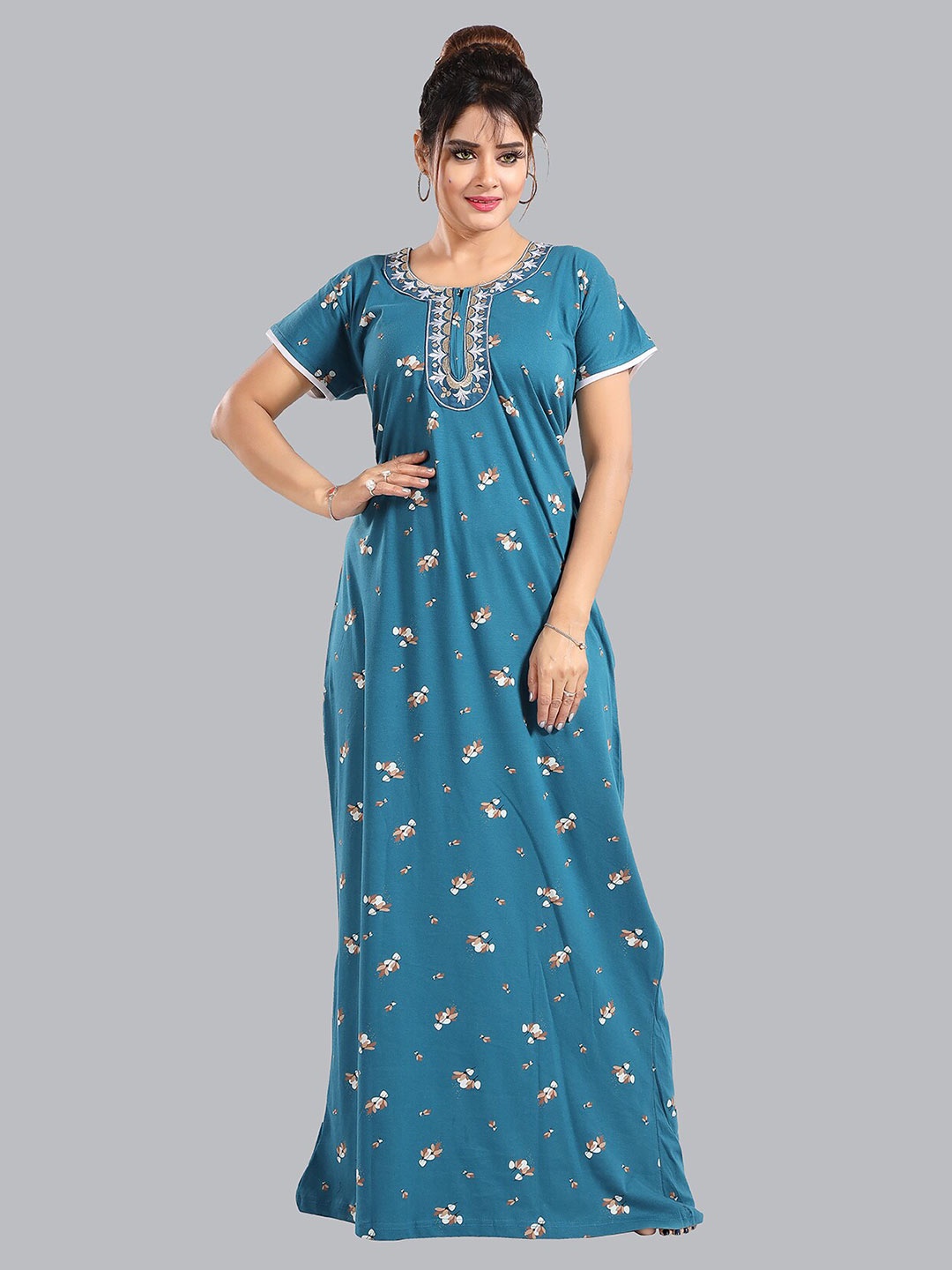 

FOMTI Floral Printed Thread Work Detail Pure Cotton Maxi Nightdress, Turquoise blue
