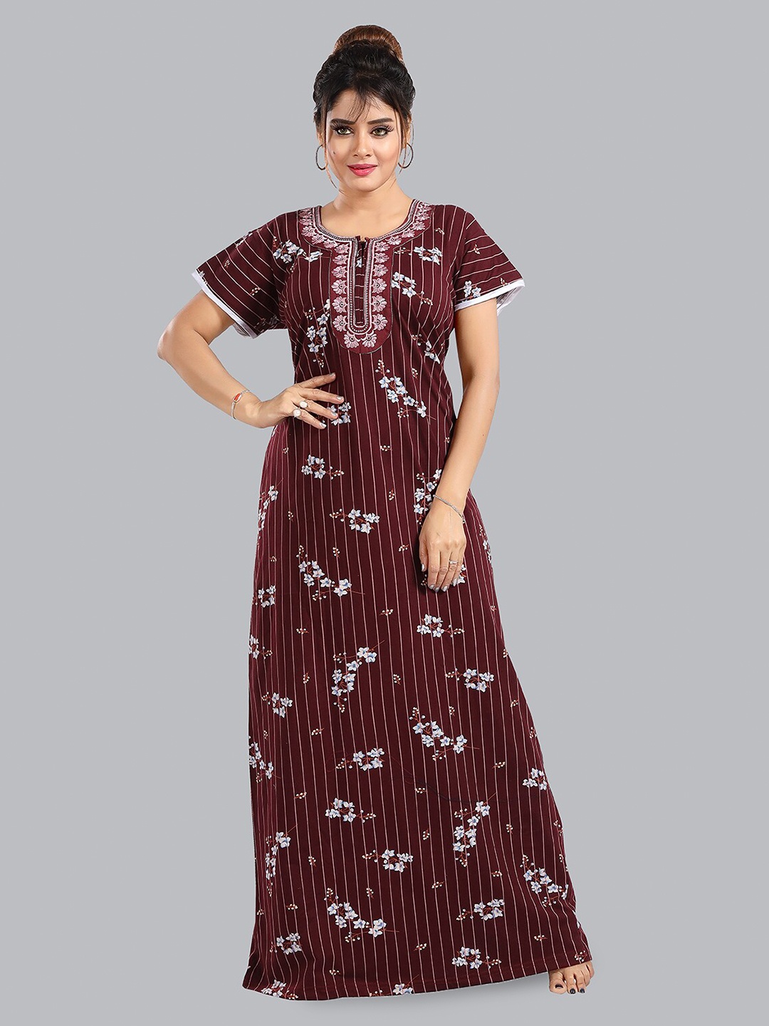 

FOMTI Floral Printed Pure Cotton Maxi Nightdress, Maroon