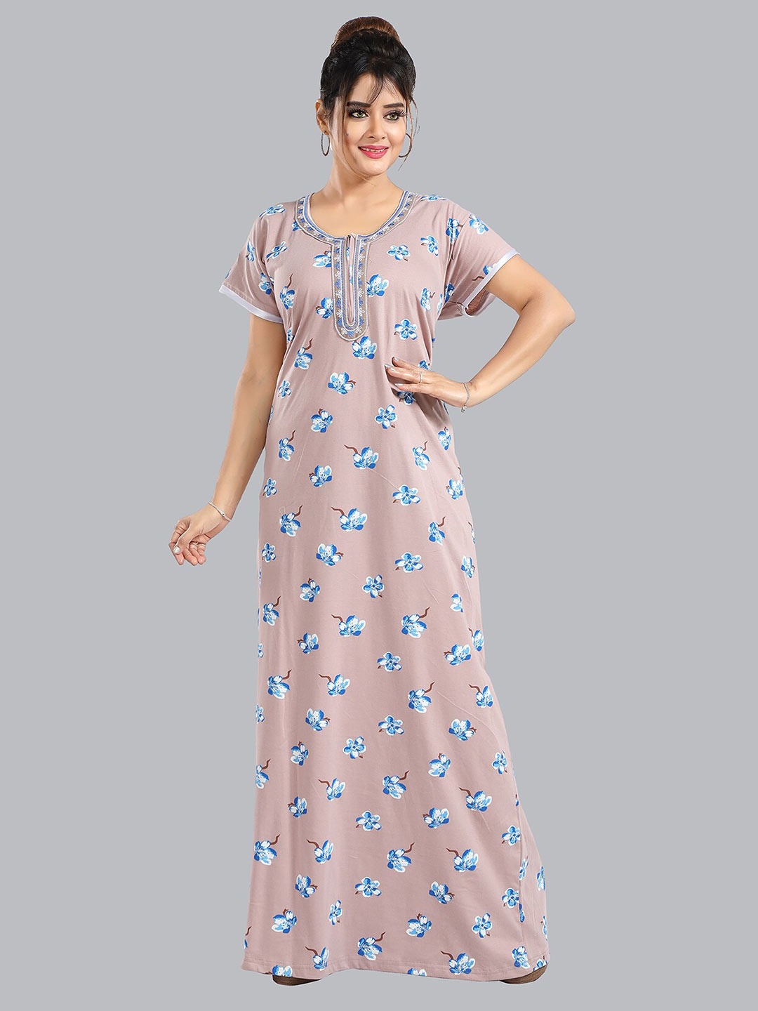 

FOMTI Floral Printed Round Neck Thread Work Detail Pure Cotton Maxi Nightdress, Beige